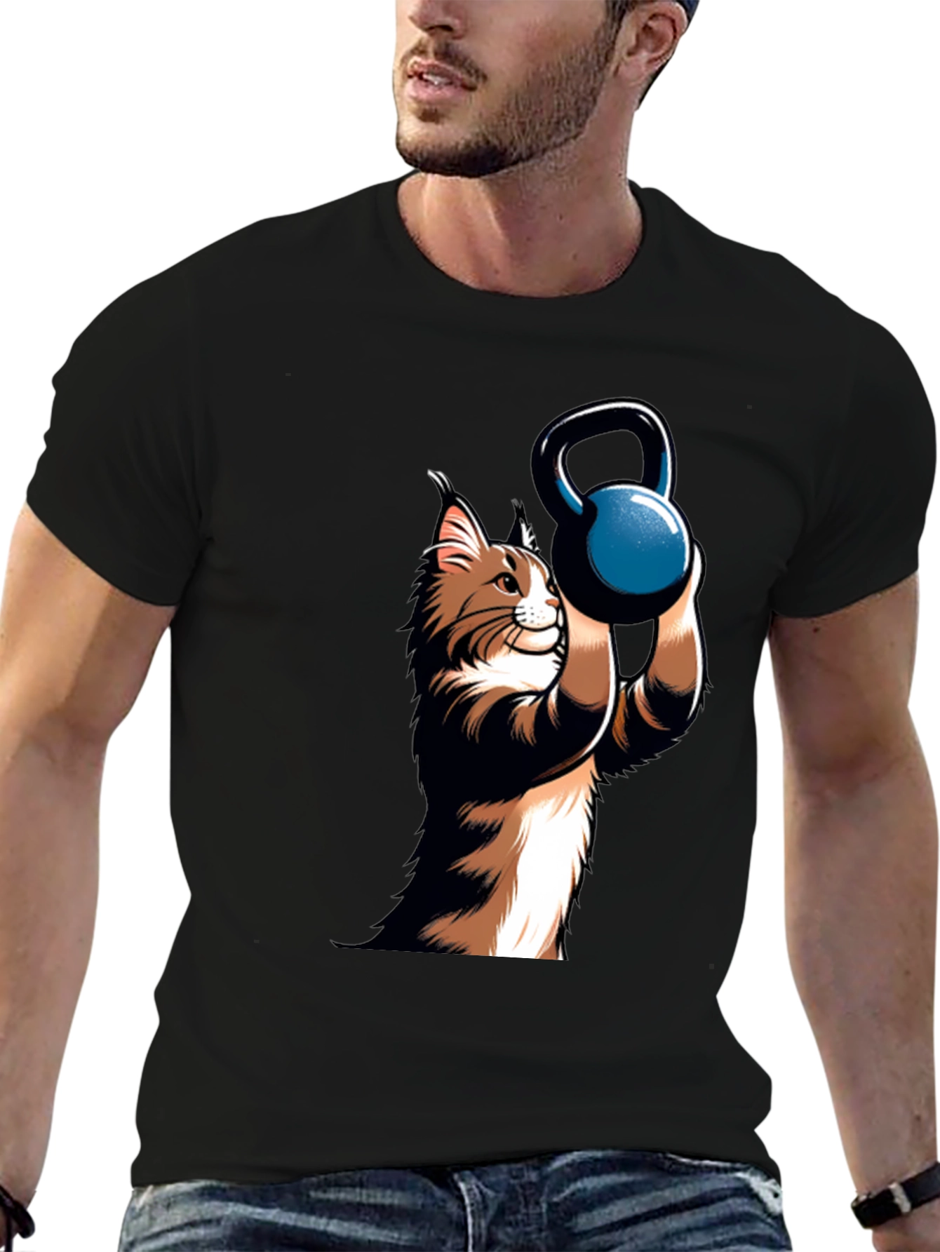 Funny Cat Lifting Kettlebell Black T-Shirt