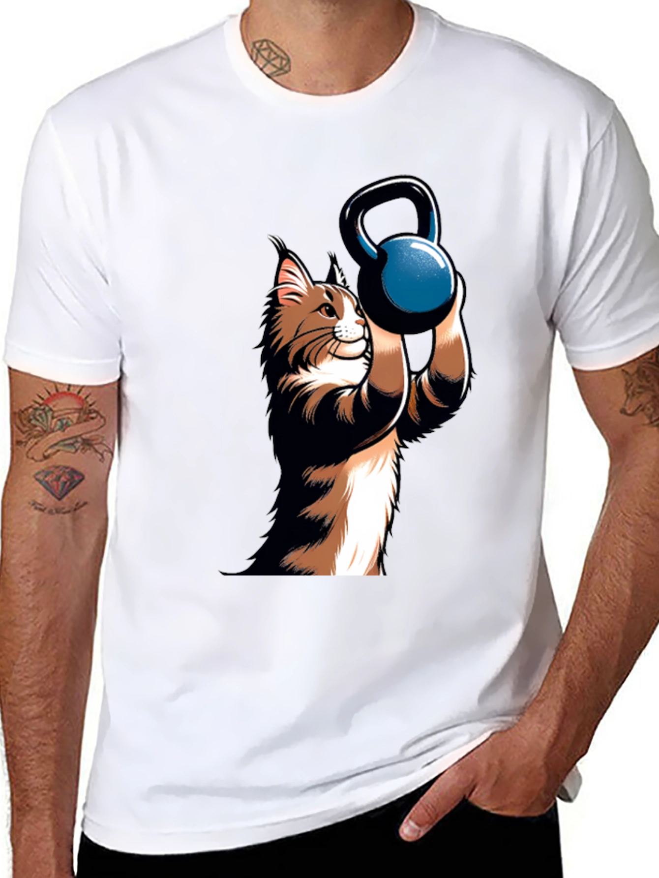 Funny Cat Lifting Kettlebell Black T-Shirt