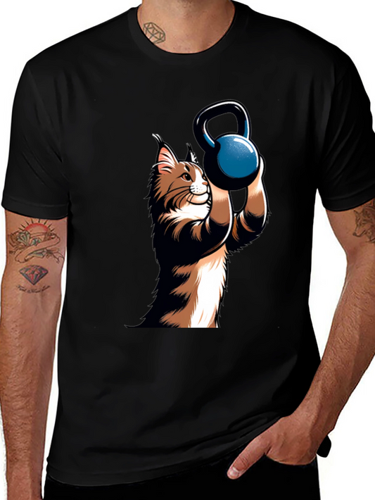 Funny Cat Lifting Kettlebell Black T-Shirt