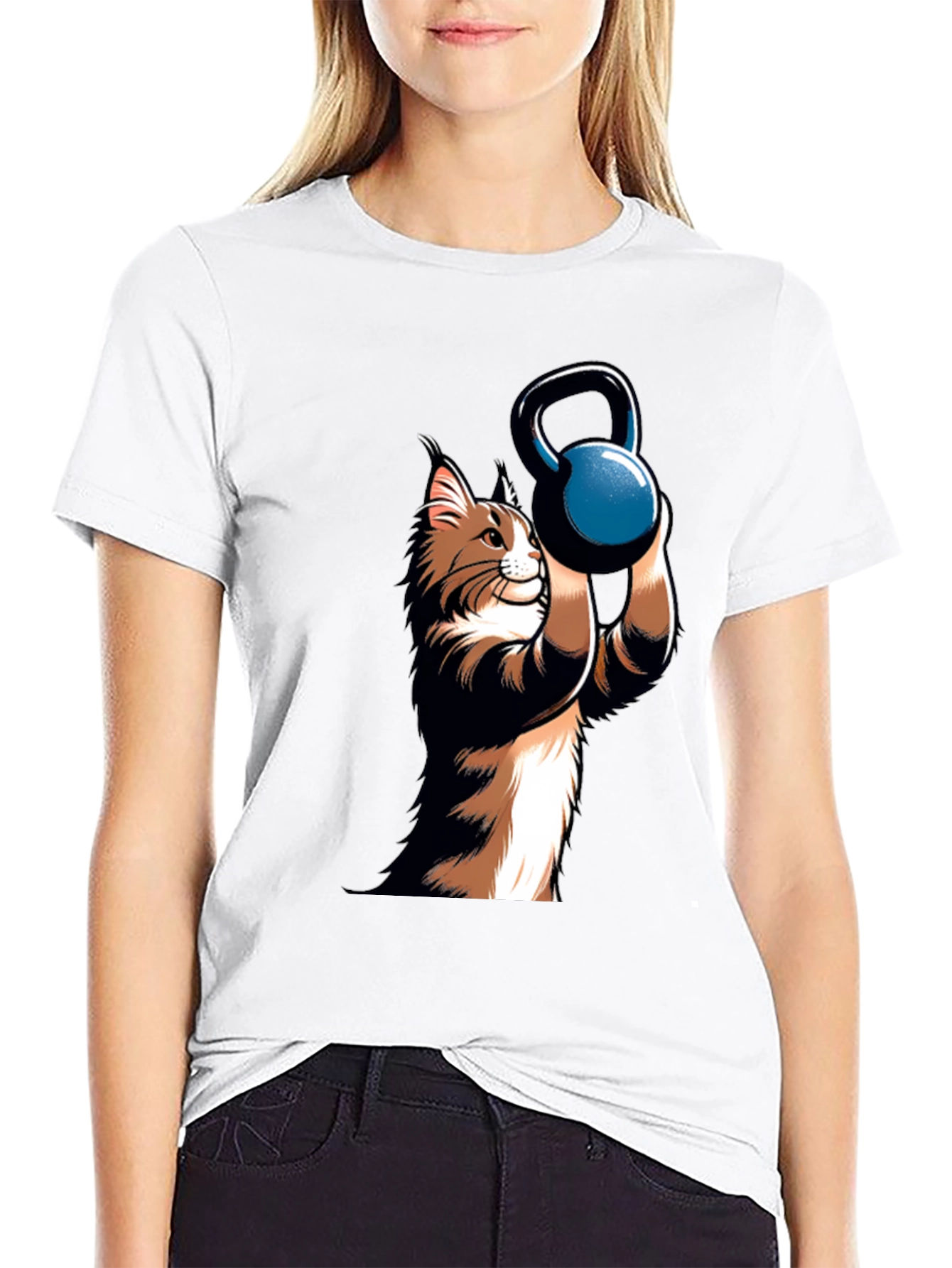 Funny Cat Lifting Kettlebell Black T-Shirt