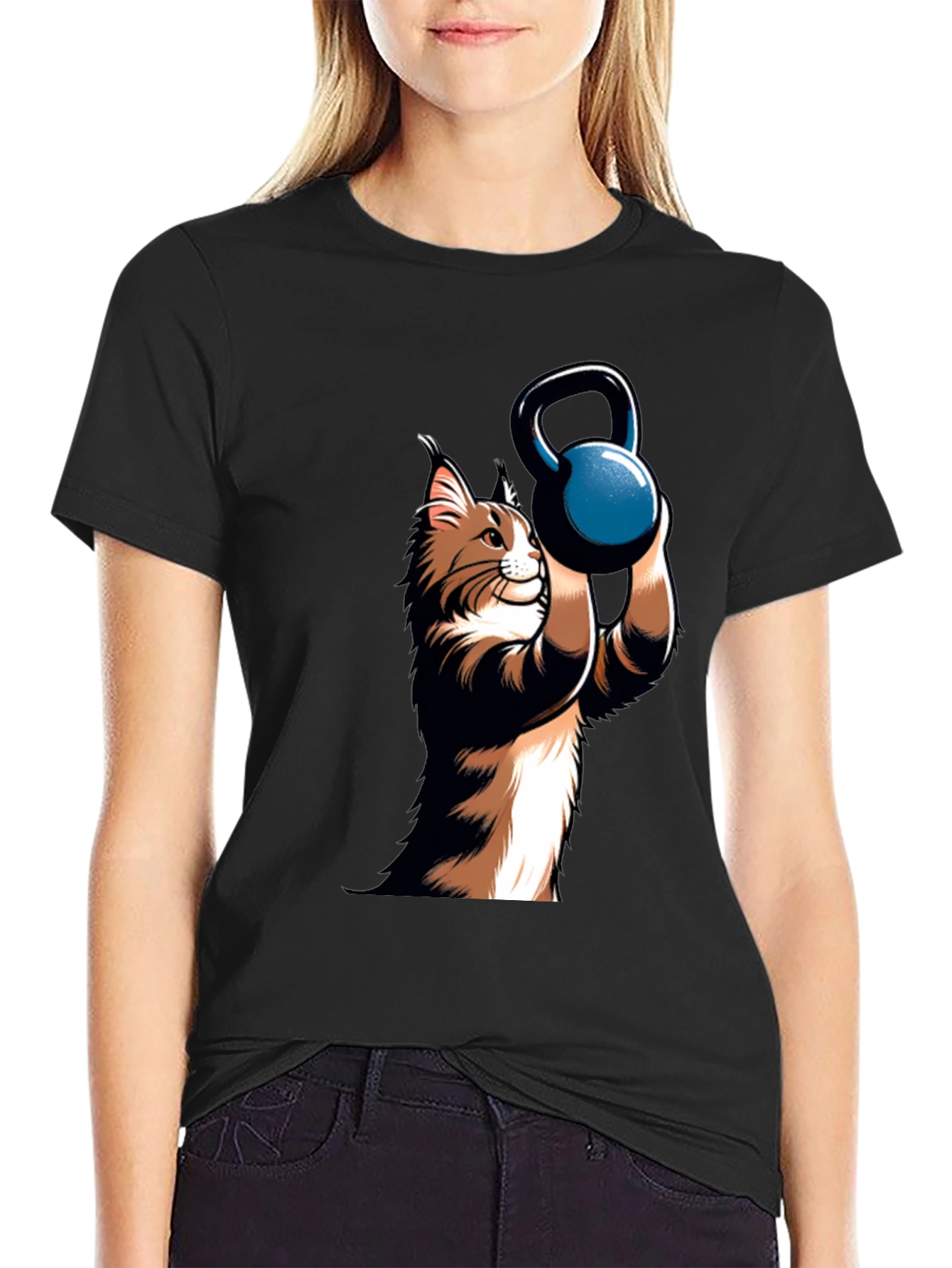 Funny Cat Lifting Kettlebell Black T-Shirt