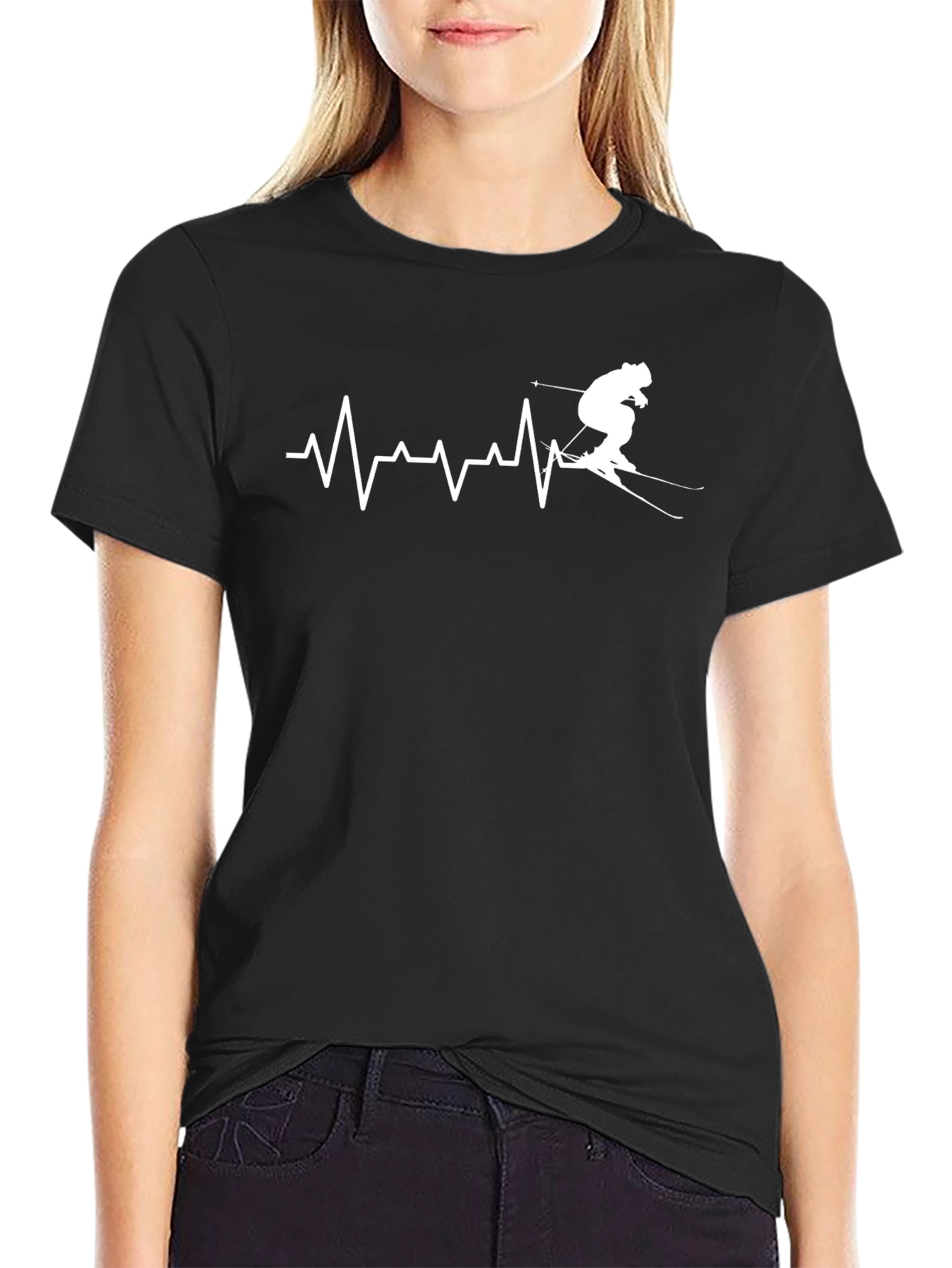 Skier Heartbeat Graphic T-Shirt - Black Cotton Tee