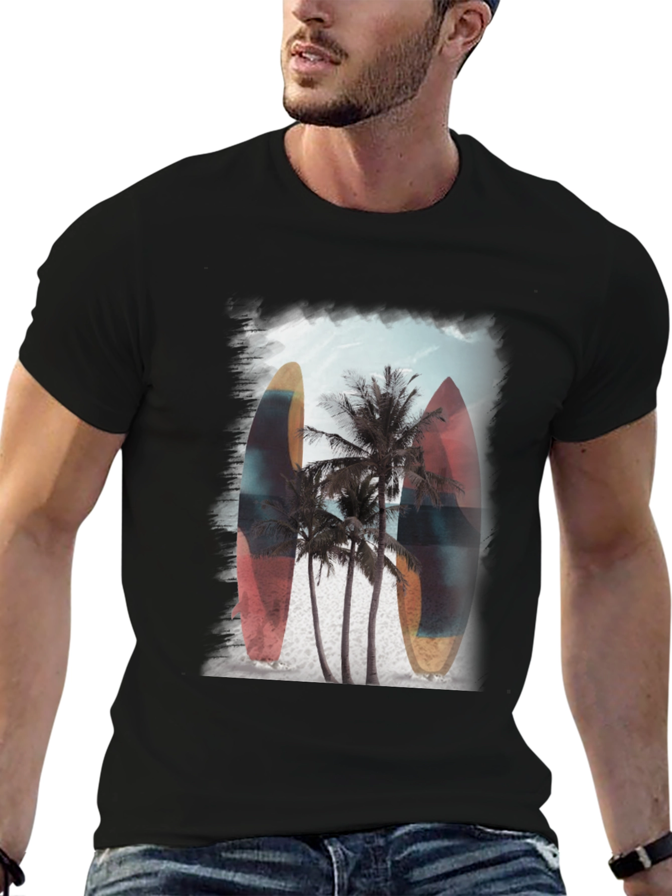 Surfboard Palm Tree Graphic Tee - Tropical Vibe