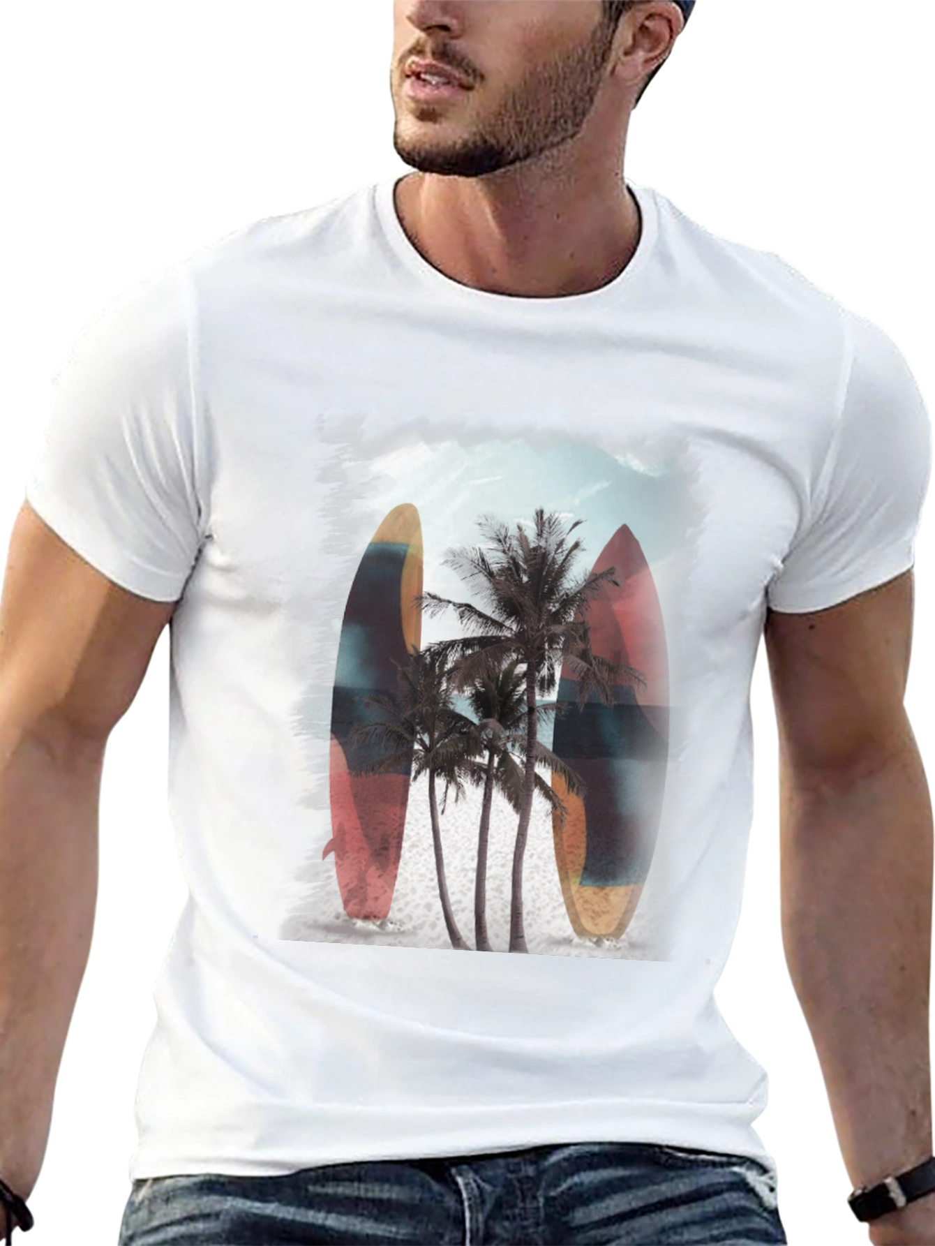 Surfboard Palm Tree Graphic Tee - Tropical Vibe