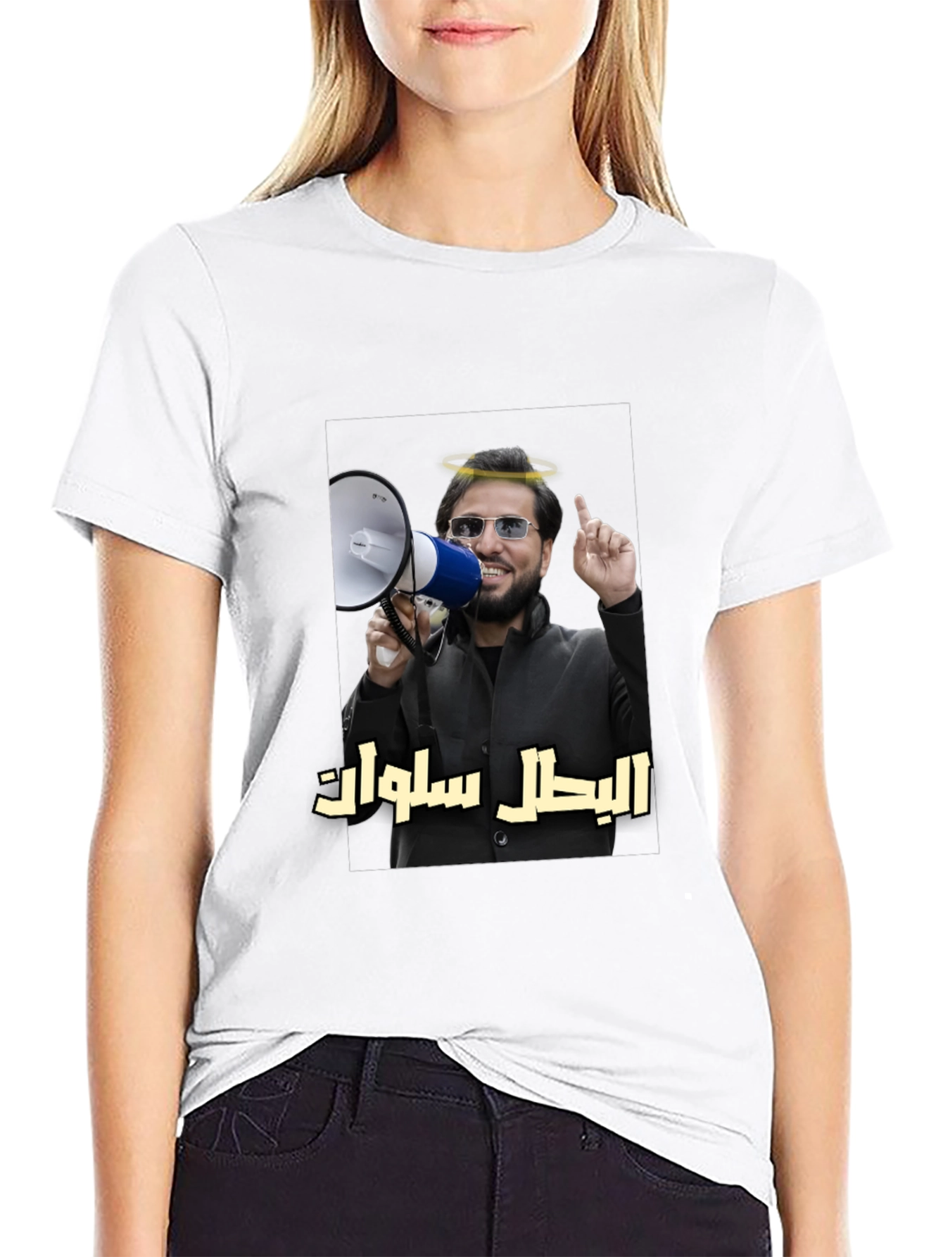 Novelty T-Shirt with Angel Halo Megaphone Graphic