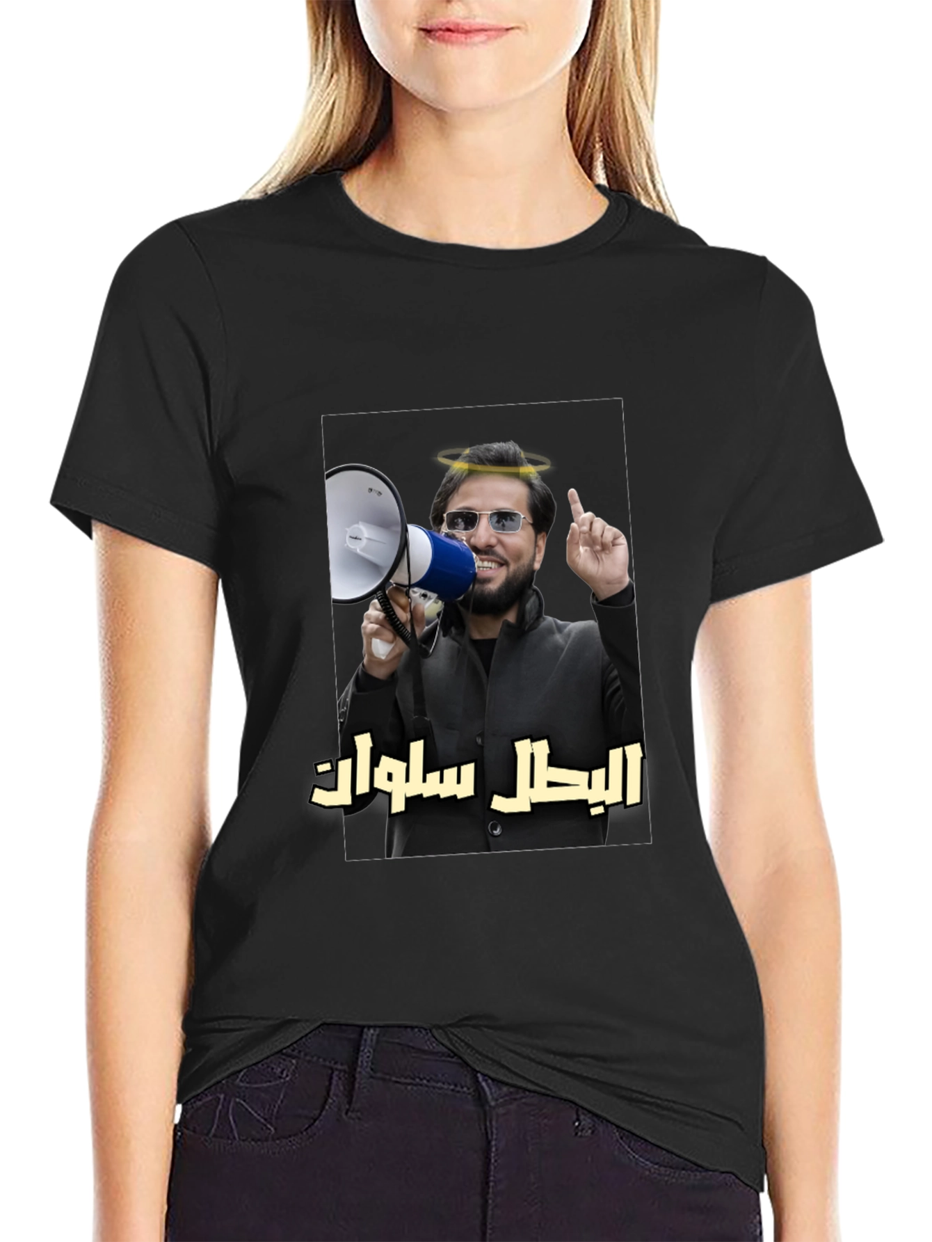 Novelty T-Shirt with Angel Halo Megaphone Graphic