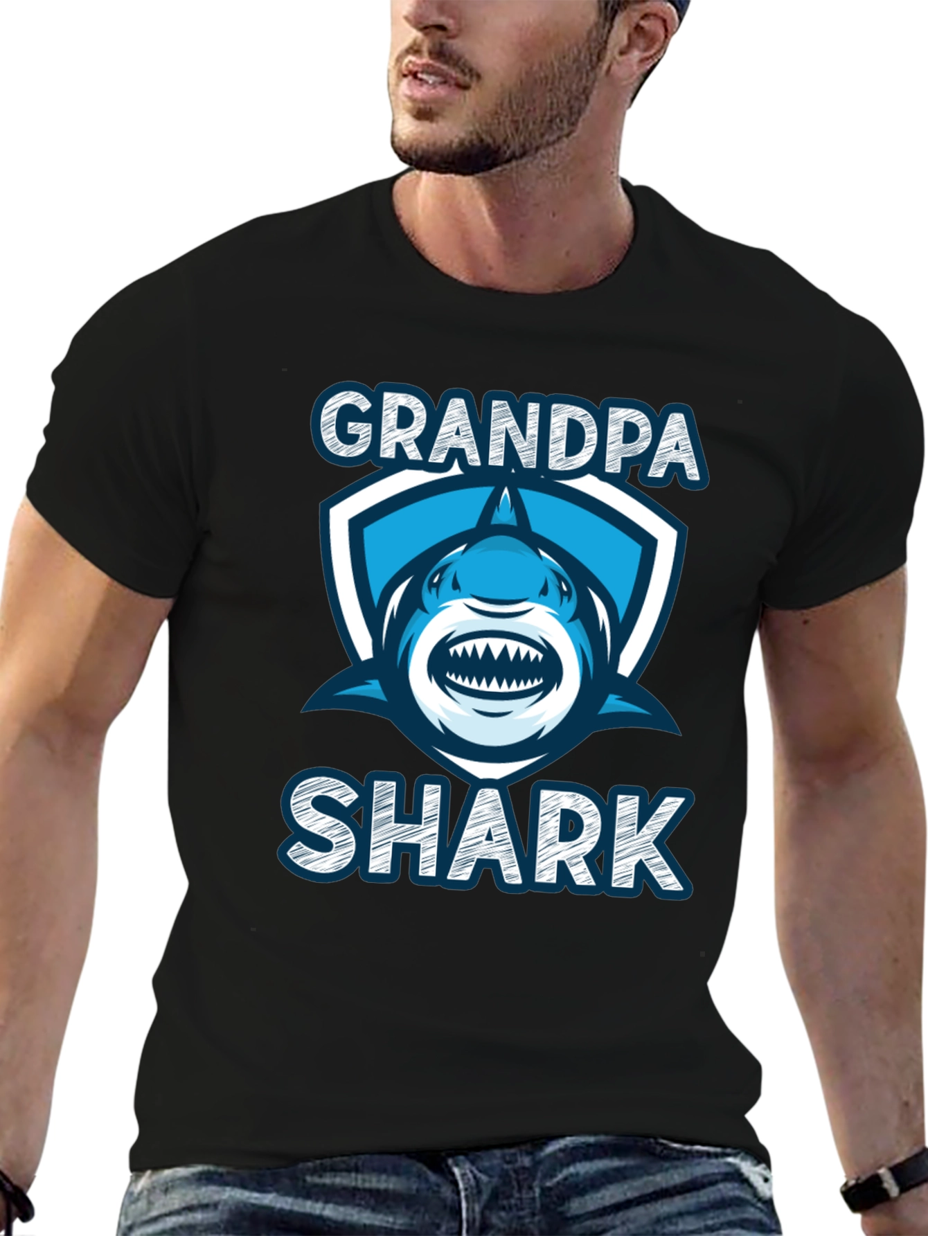 Grandpa Shark Graphic Tee - Black Cotton T-Shirt
