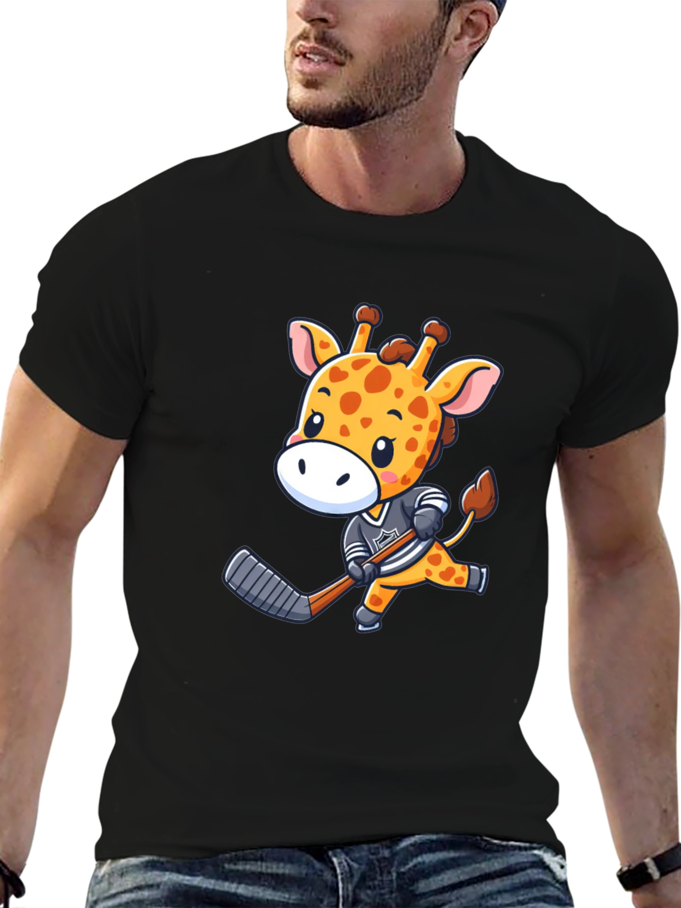Giraffe Hockey Player Black T-Shirt