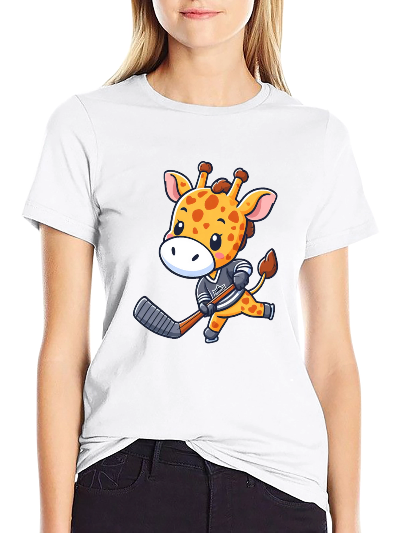 Giraffe Hockey Player Black T-Shirt