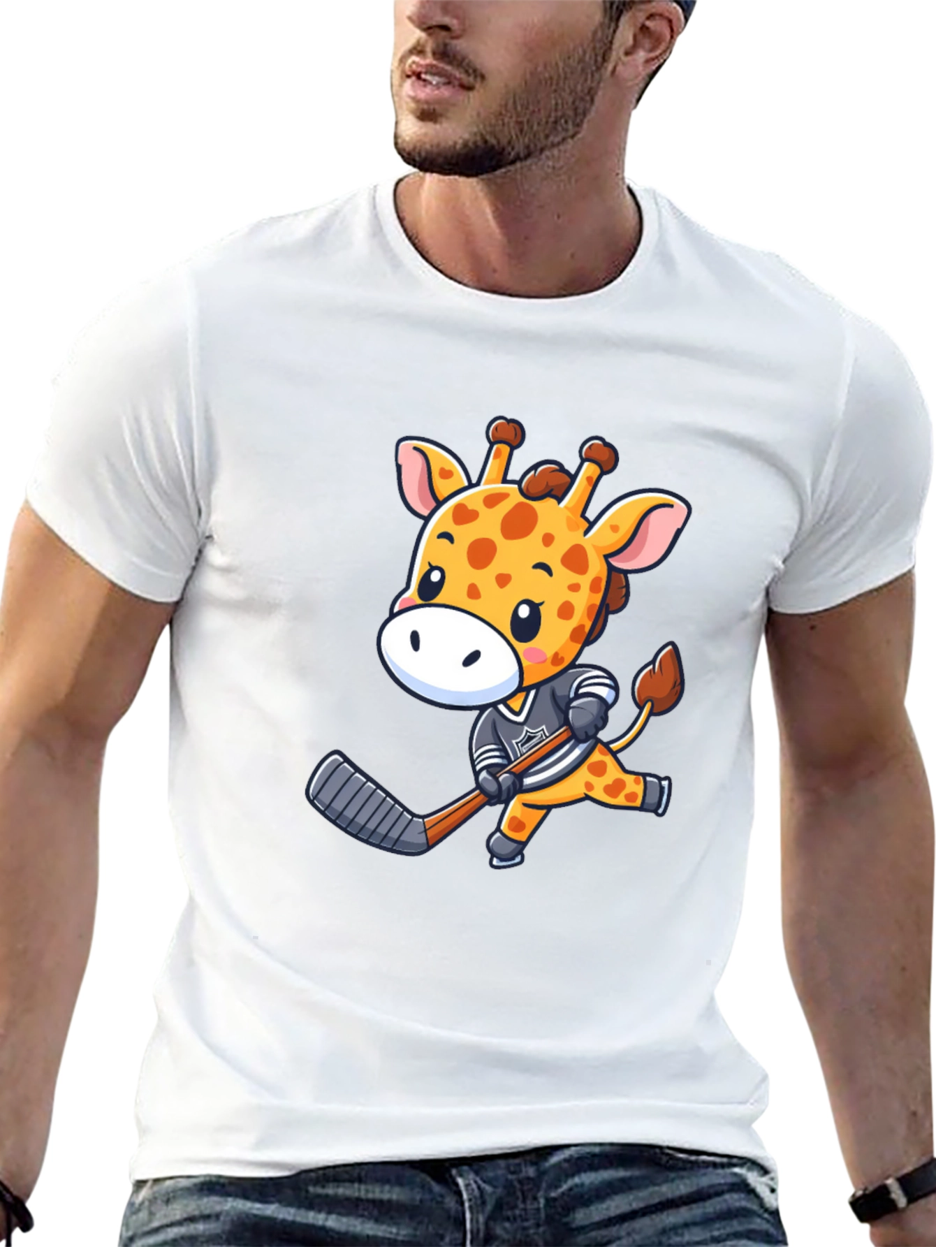 Giraffe Hockey Player Black T-Shirt