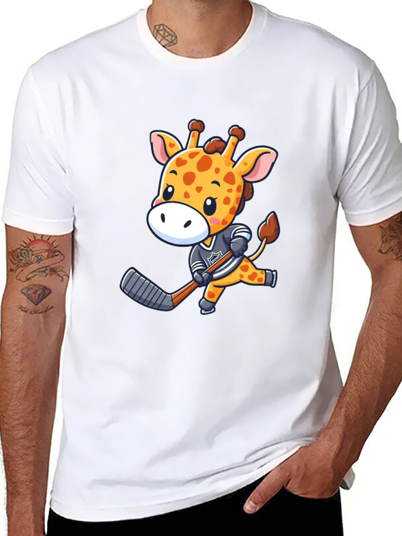 Giraffe Hockey Player Black T-Shirt