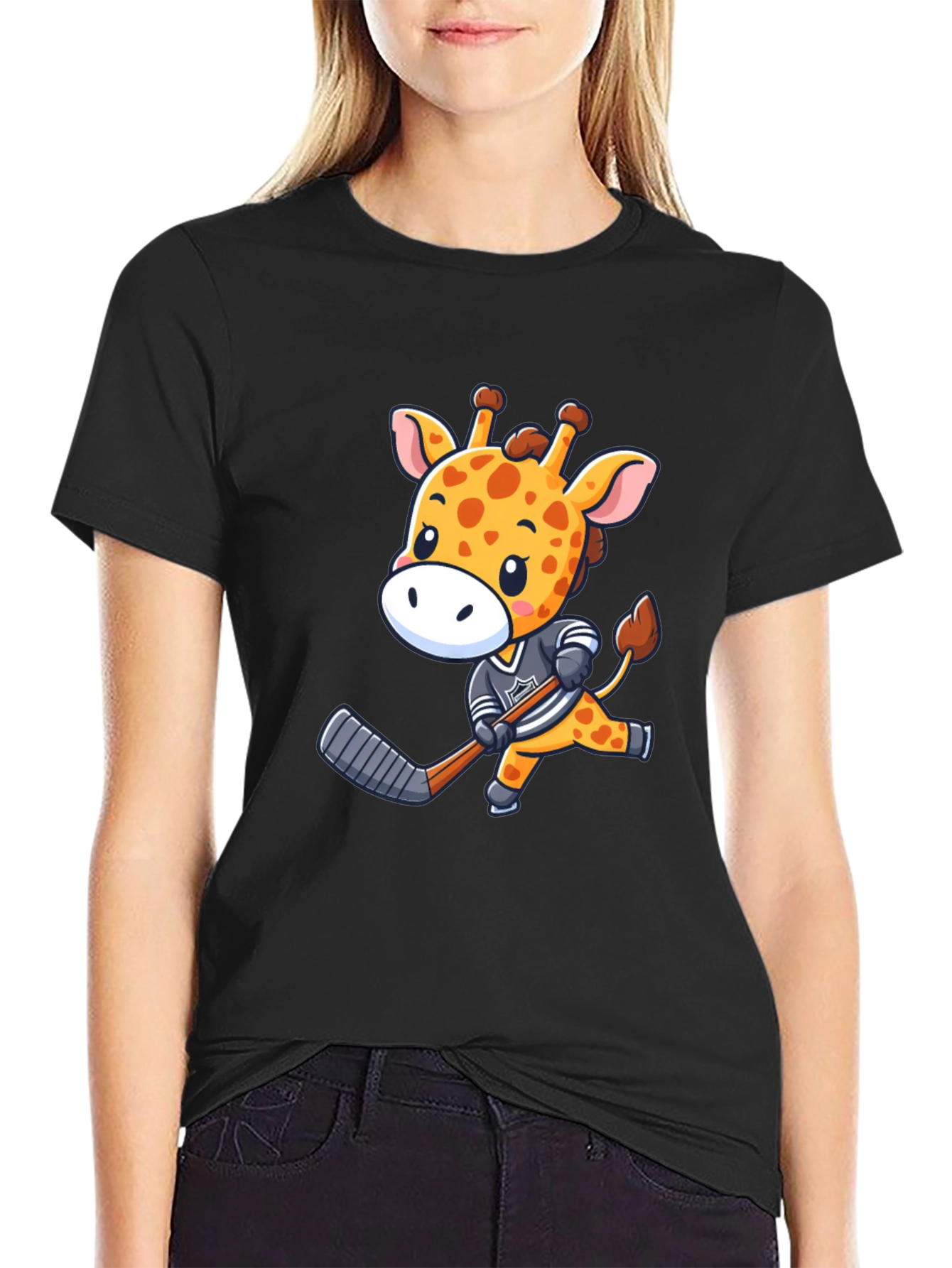 Giraffe Hockey Player Black T-Shirt