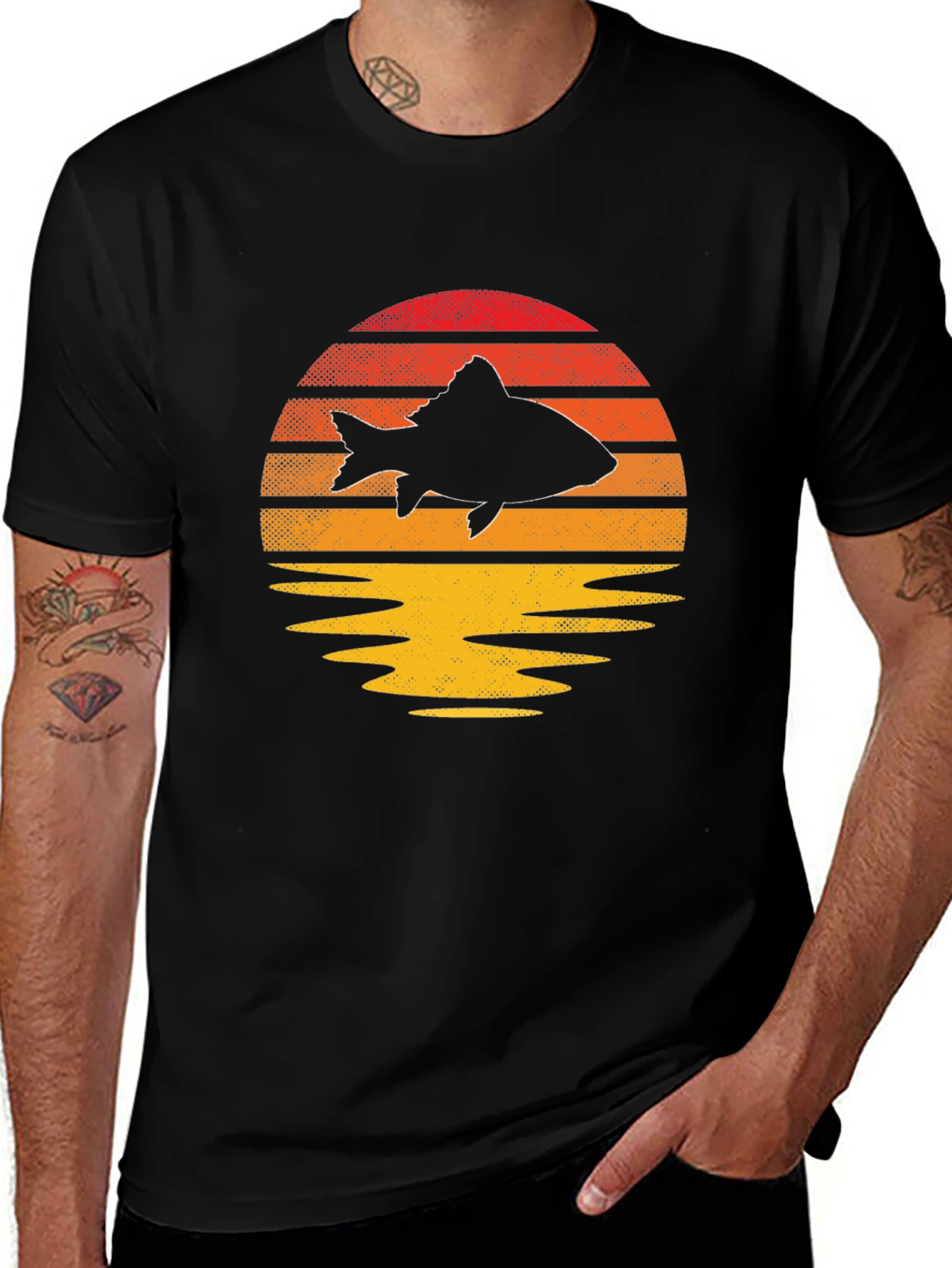 Sunset Fish Graphic Tee - Unique Black T-Shirt