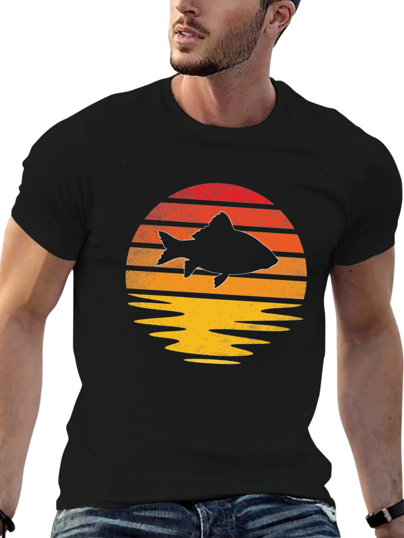 Sunset Fish Graphic Tee - Unique Black T-Shirt