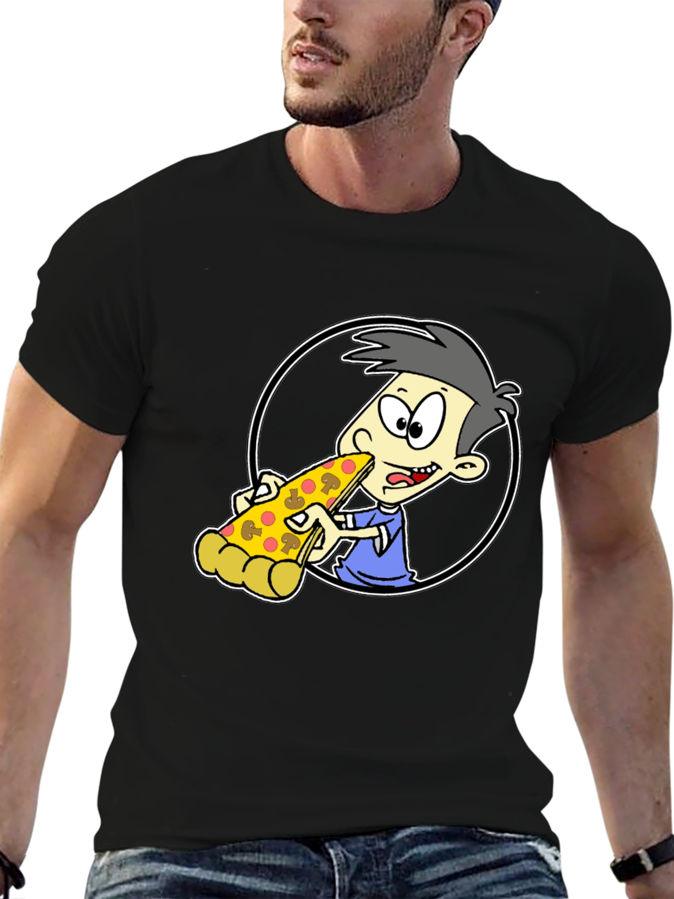Pizza Lover Cartoon Graphic Tee - Black T-Shirt