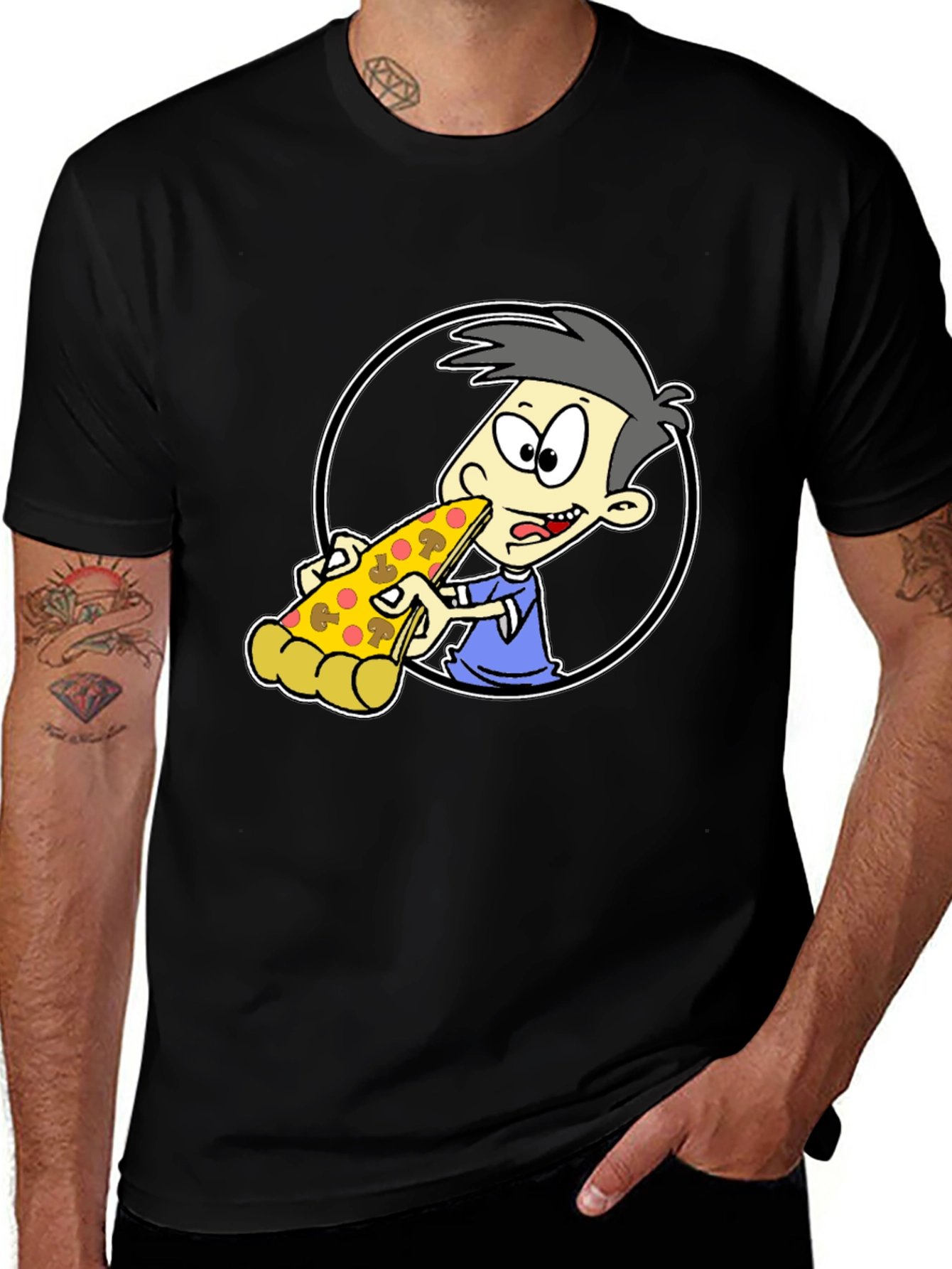 Pizza Lover Cartoon Graphic Tee - Black T-Shirt