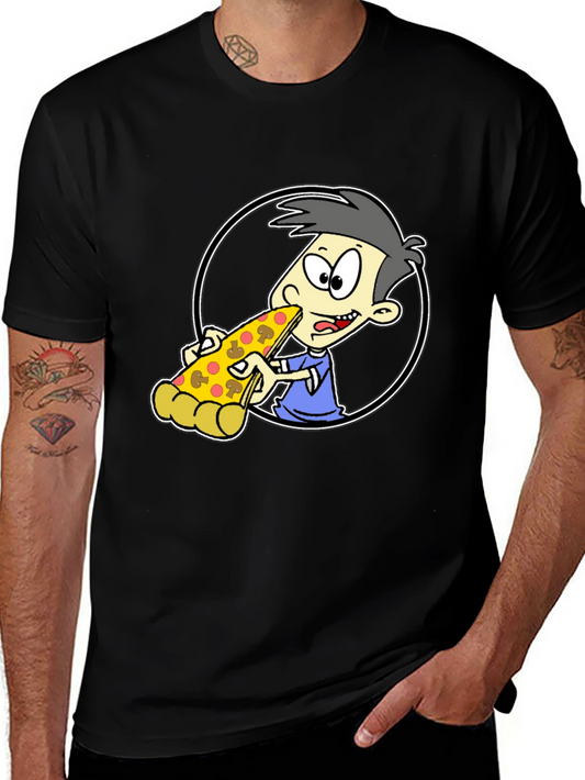 Pizza Lover Cartoon Graphic Tee - Black T-Shirt