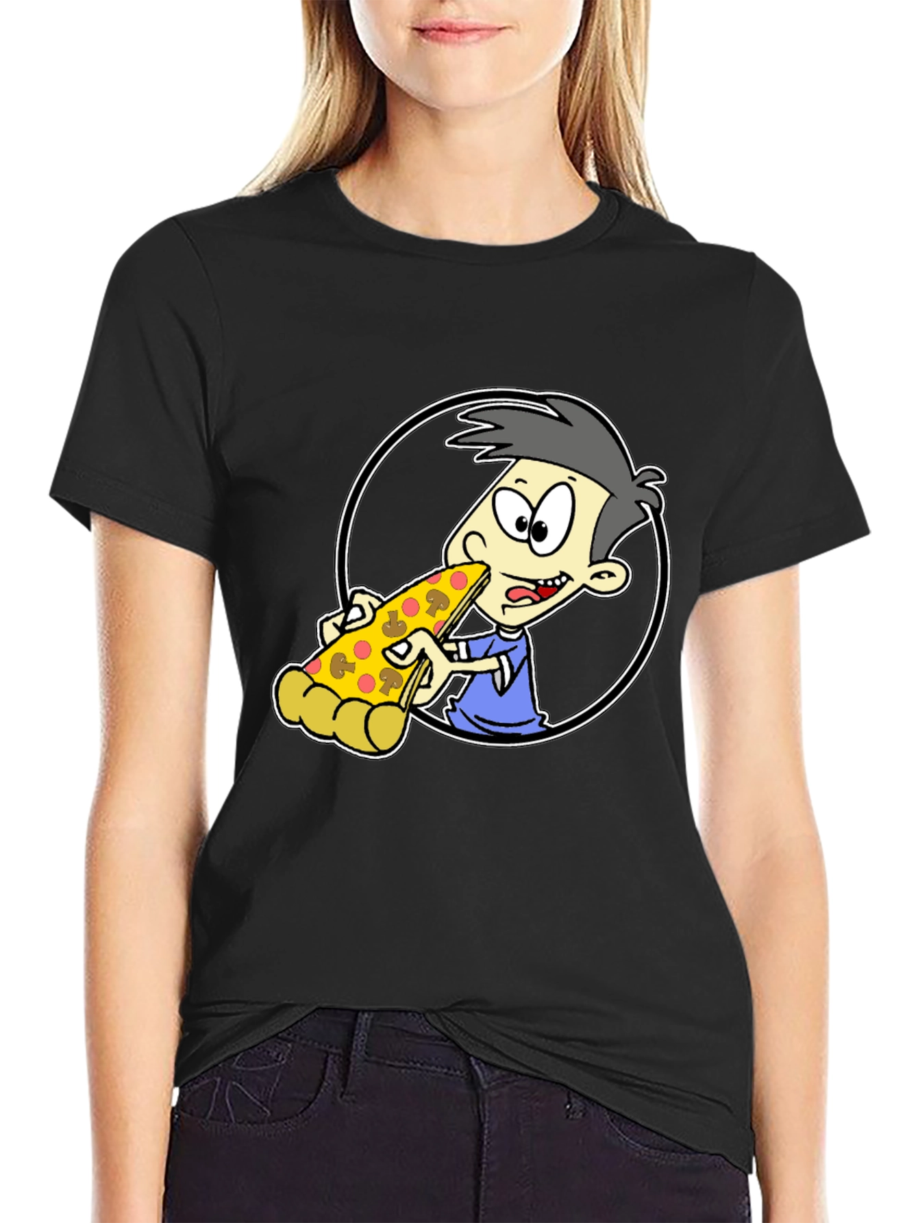 Pizza Lover Cartoon Graphic Tee - Black T-Shirt