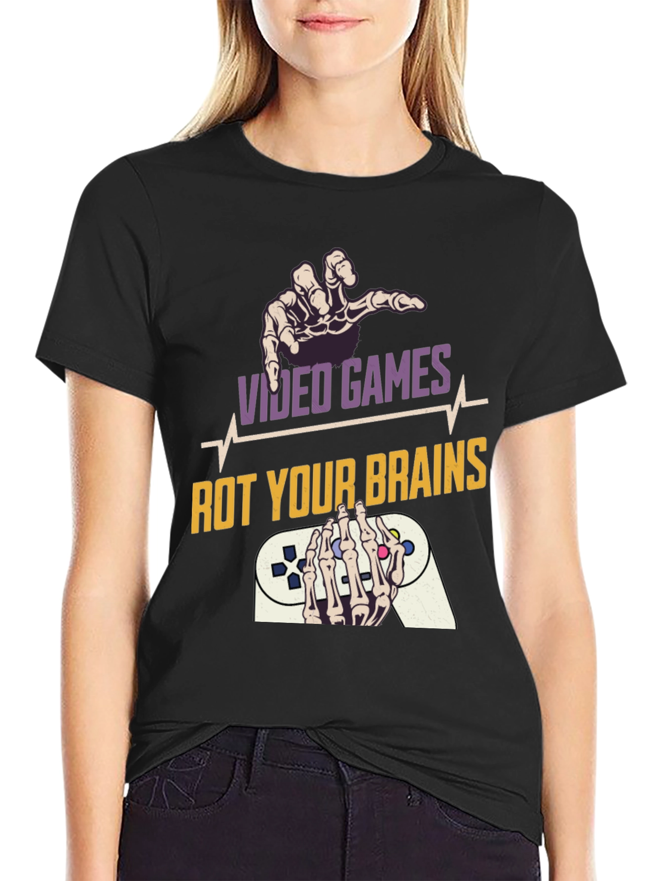 Video Games Rot Your Brains Skeleton Hands Graphic Tee