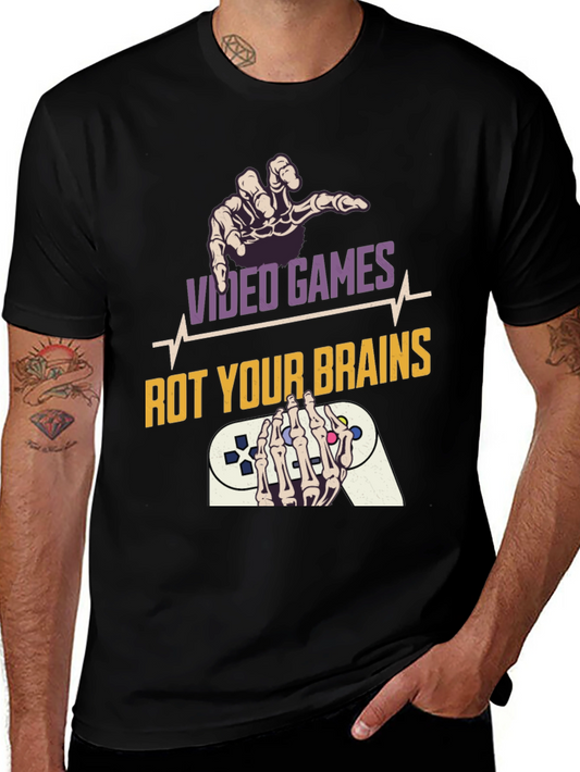 Video Games Rot Your Brains Skeleton Hands Graphic Tee