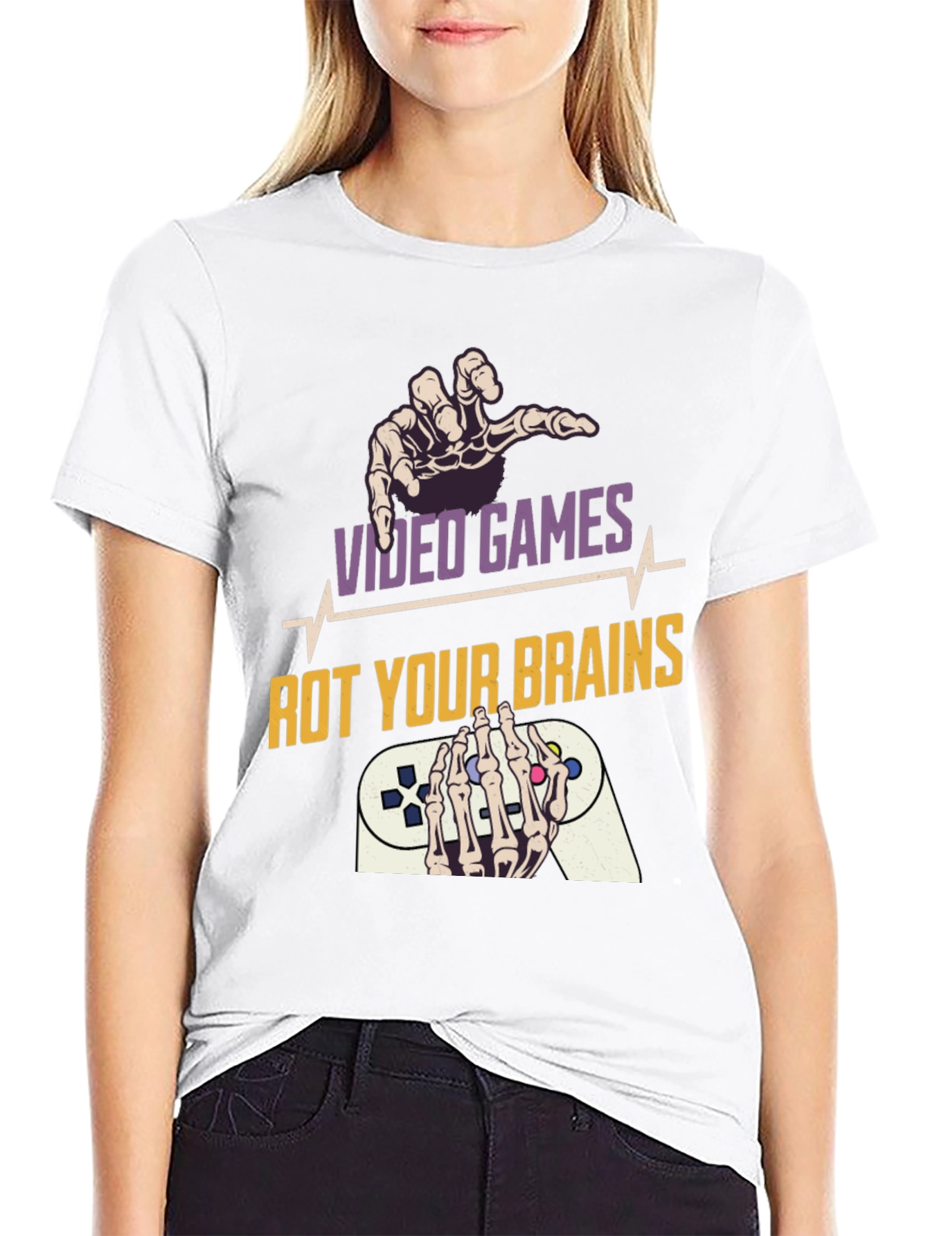 Video Games Rot Your Brains Skeleton Hands Graphic Tee