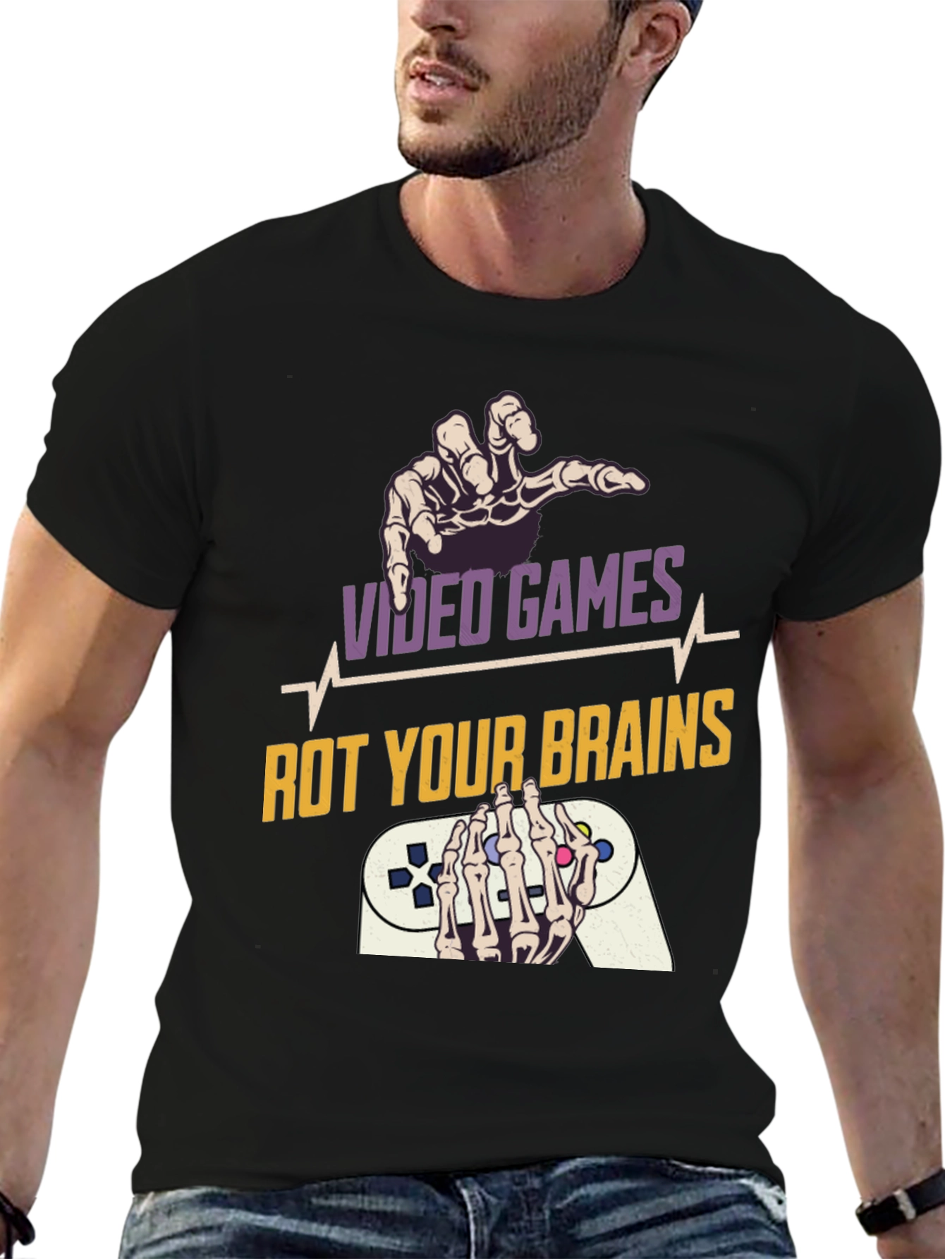 Video Games Rot Your Brains Skeleton Hands Graphic Tee