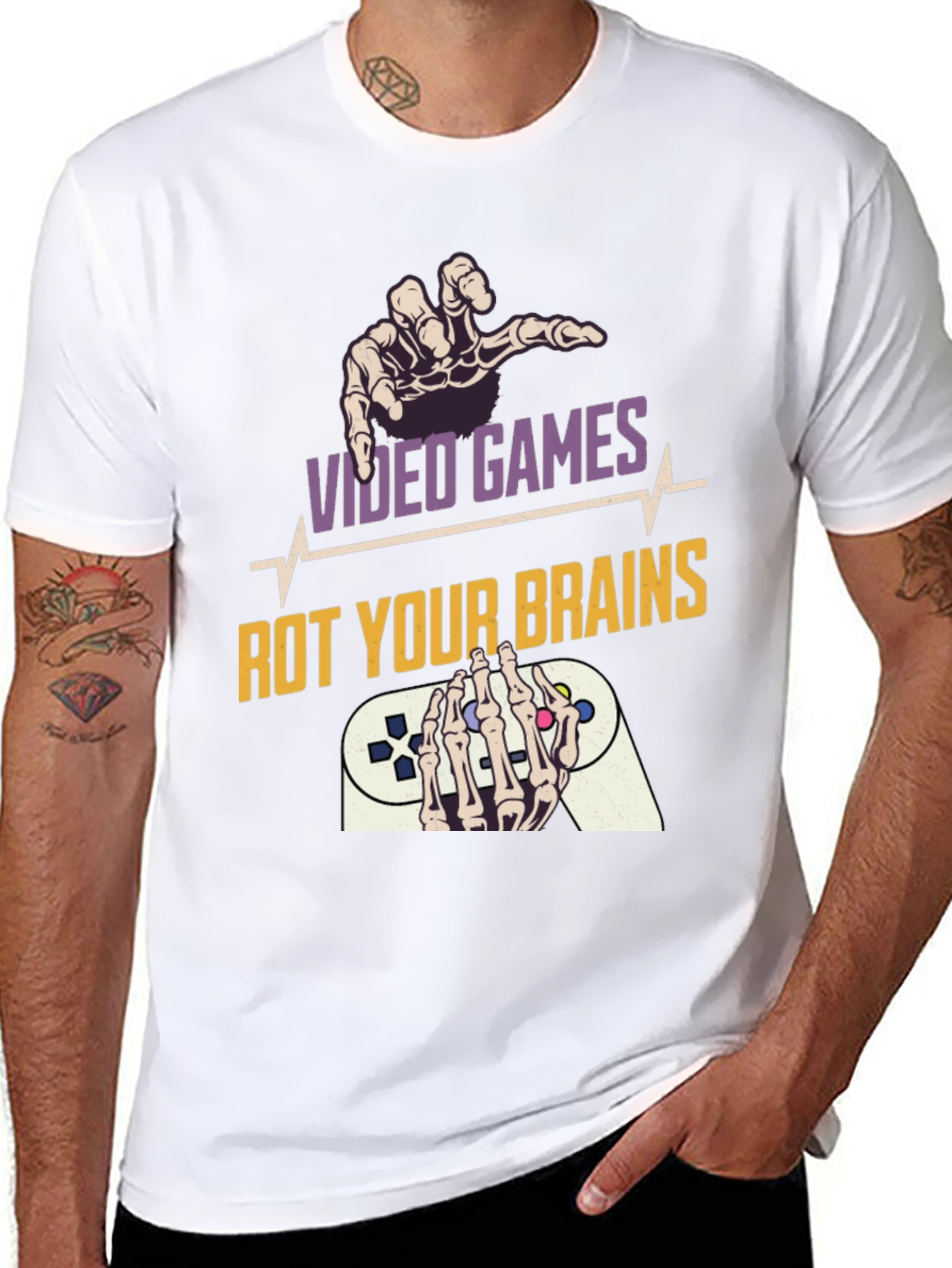 Video Games Rot Your Brains Skeleton Hands Graphic Tee