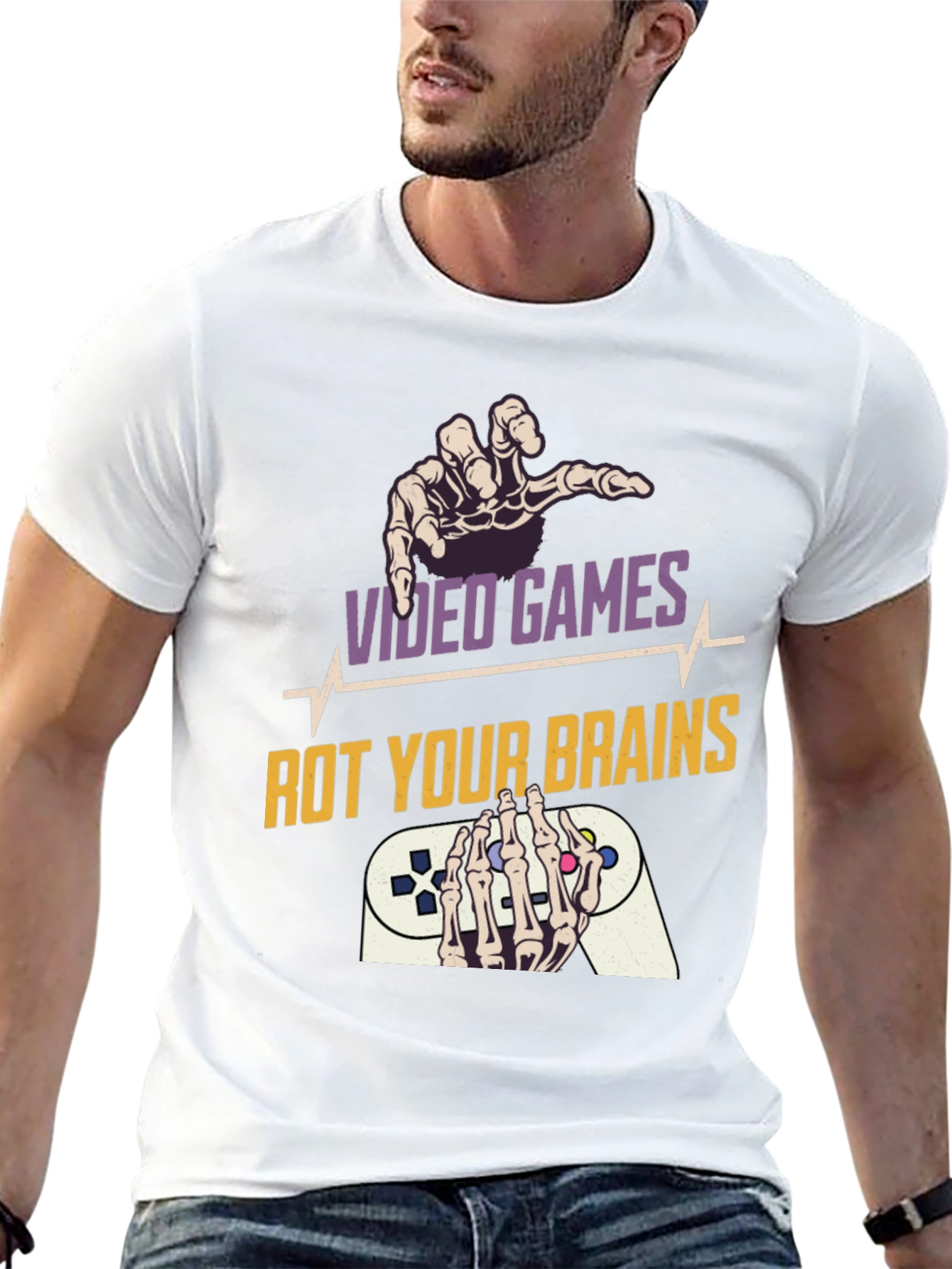Video Games Rot Your Brains Skeleton Hands Graphic Tee