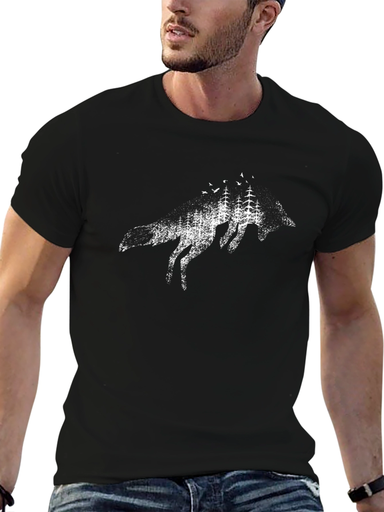 Mens Black Wolf & Forest Graphic Tee