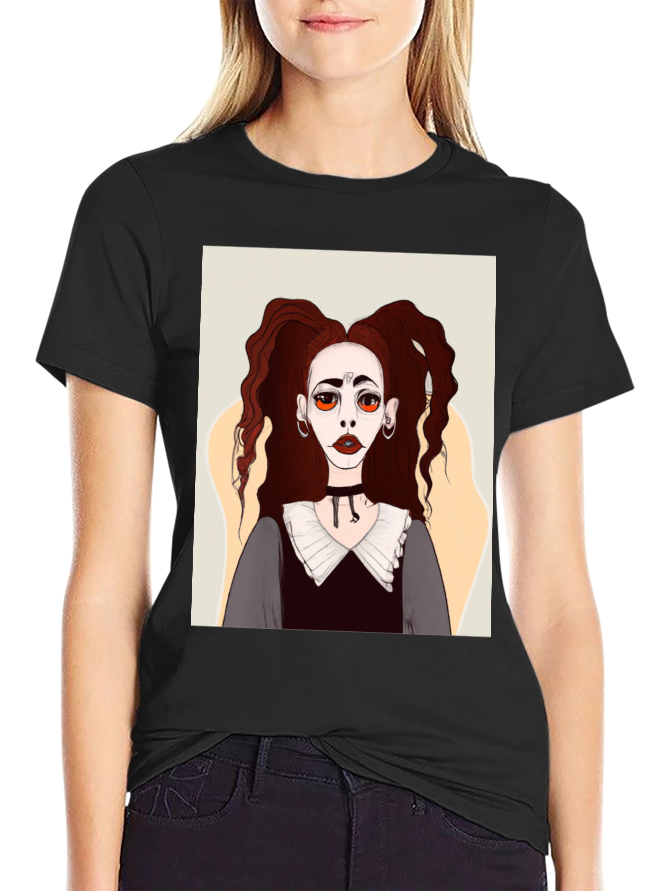 Gothic Girl Graphic Tee - Unique Illustration Black T-Shirt