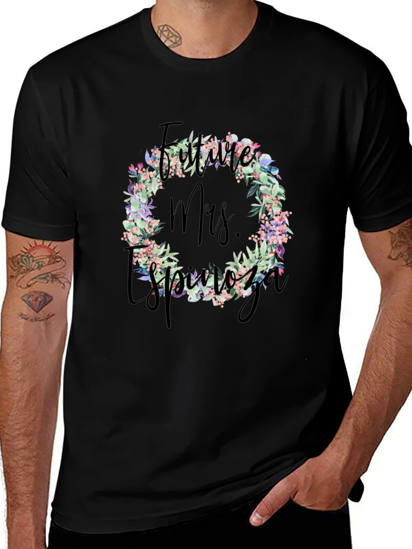 Future Mrs. Espinoza Floral Wreath Black T-Shirt