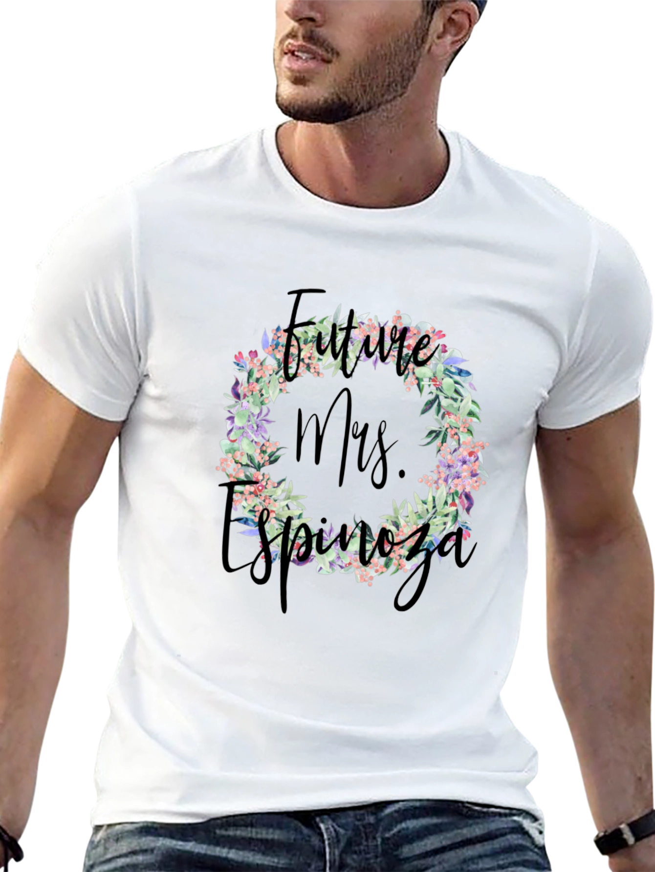 Future Mrs. Espinoza Floral Wreath Black T-Shirt