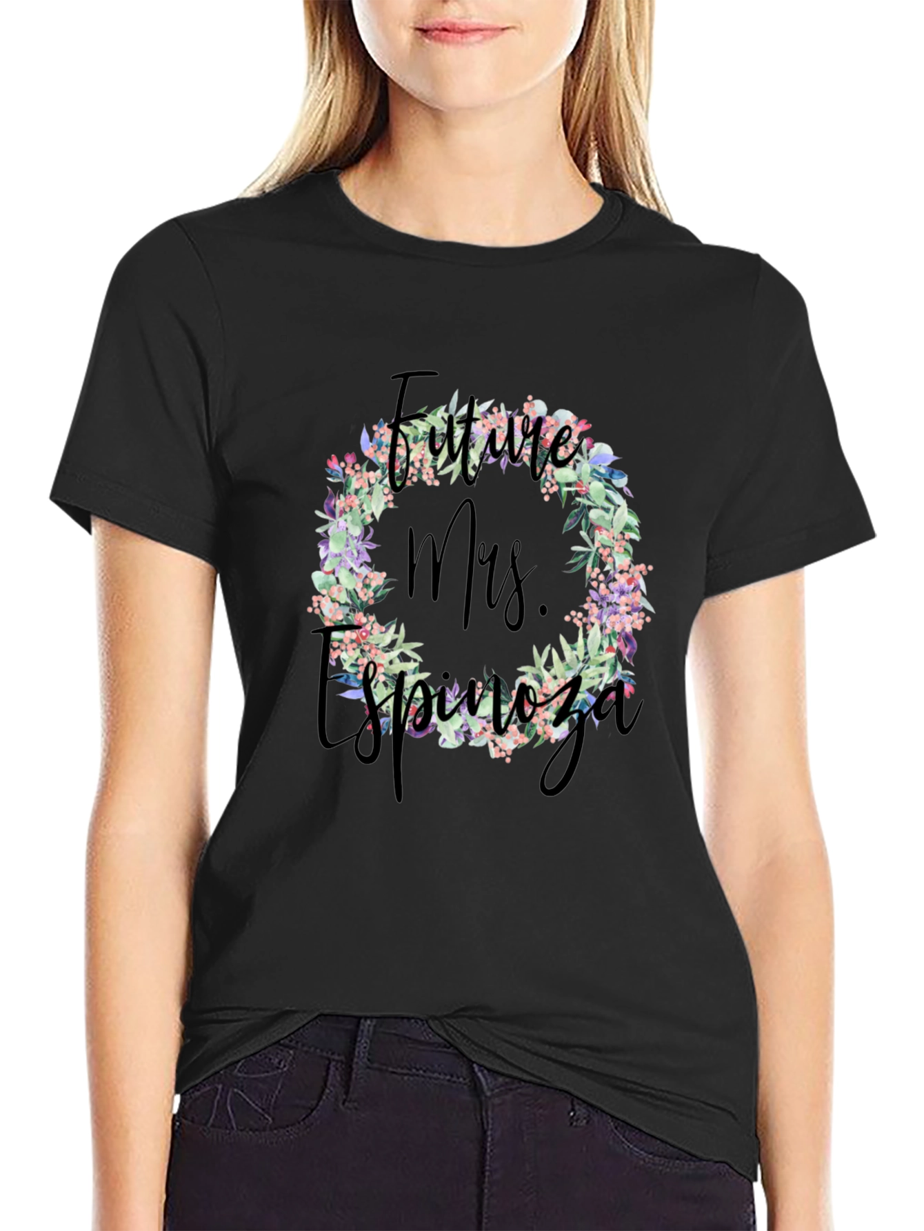 Future Mrs. Espinoza Floral Wreath Black T-Shirt