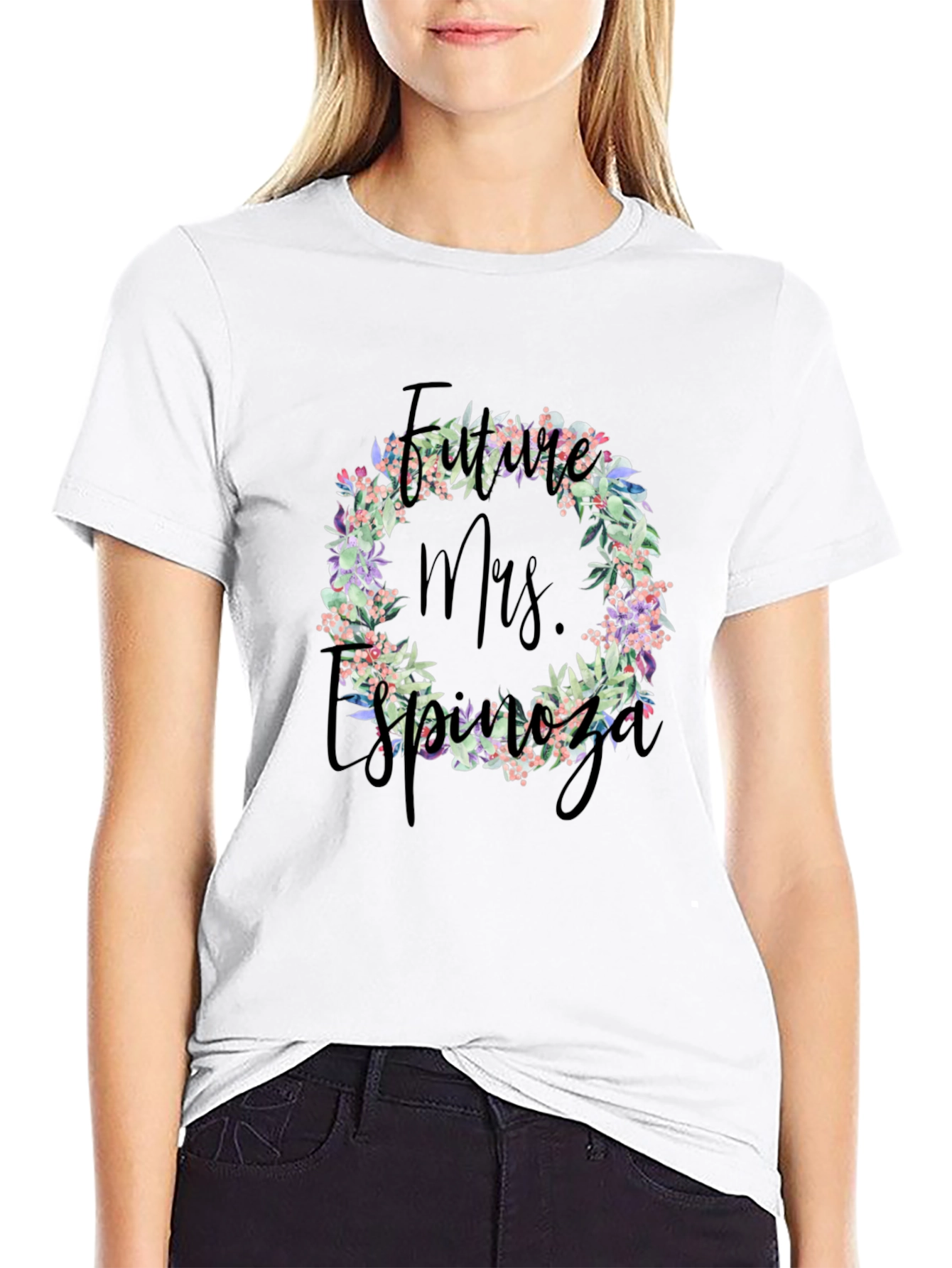 Future Mrs. Espinoza Floral Wreath Black T-Shirt