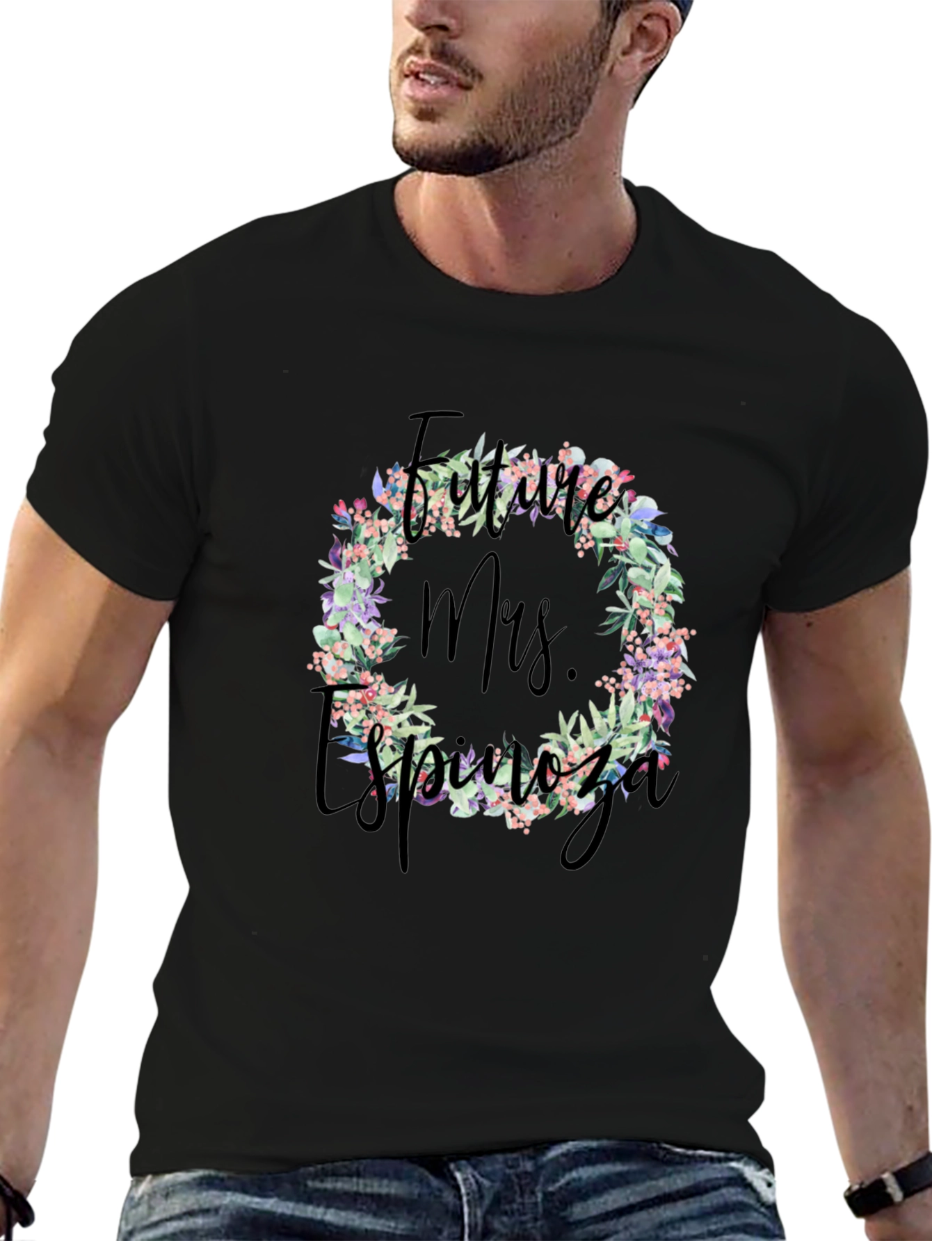 Future Mrs. Espinoza Floral Wreath Black T-Shirt