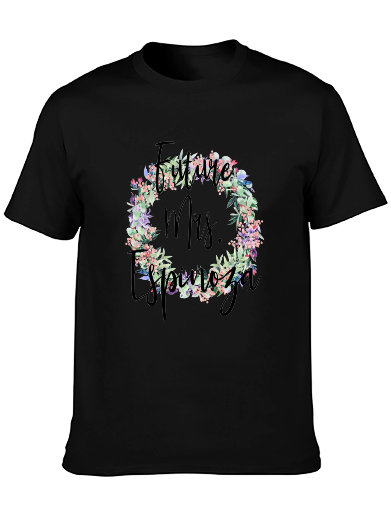 Future Mrs. Espinoza Floral Wreath Black T-Shirt