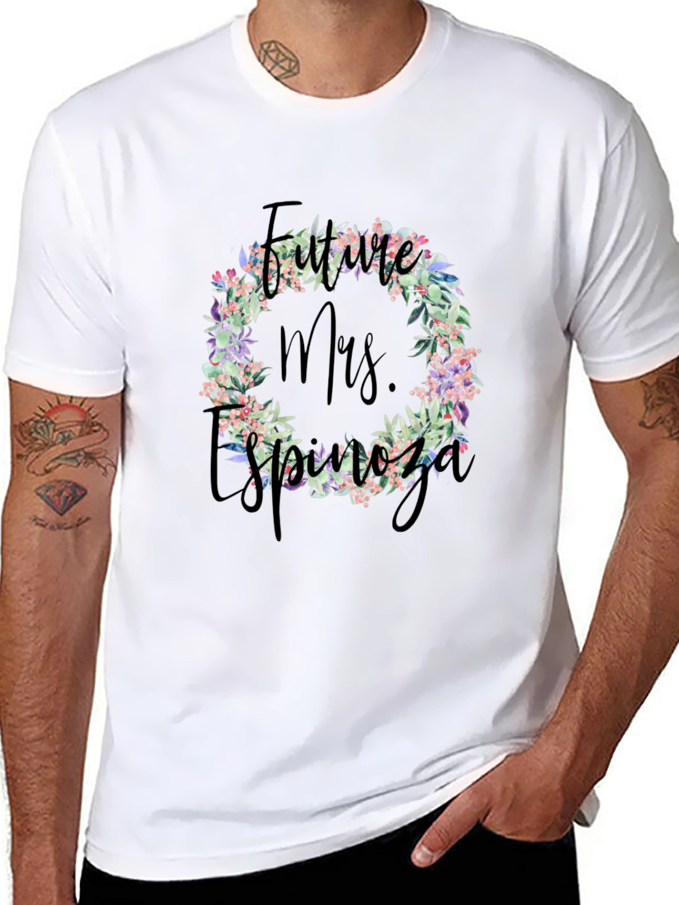 Future Mrs. Espinoza Floral Wreath Black T-Shirt