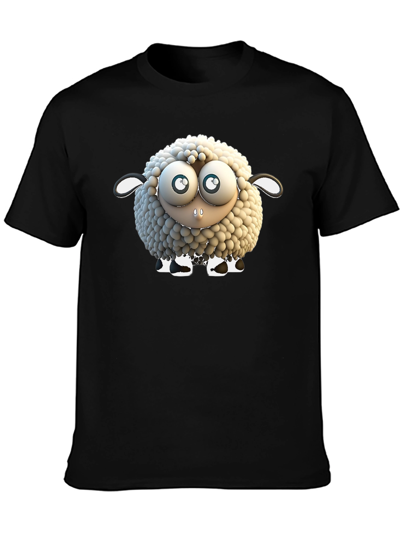 Cartoon Sheep Graphic Tee - Black Cotton T-Shirt