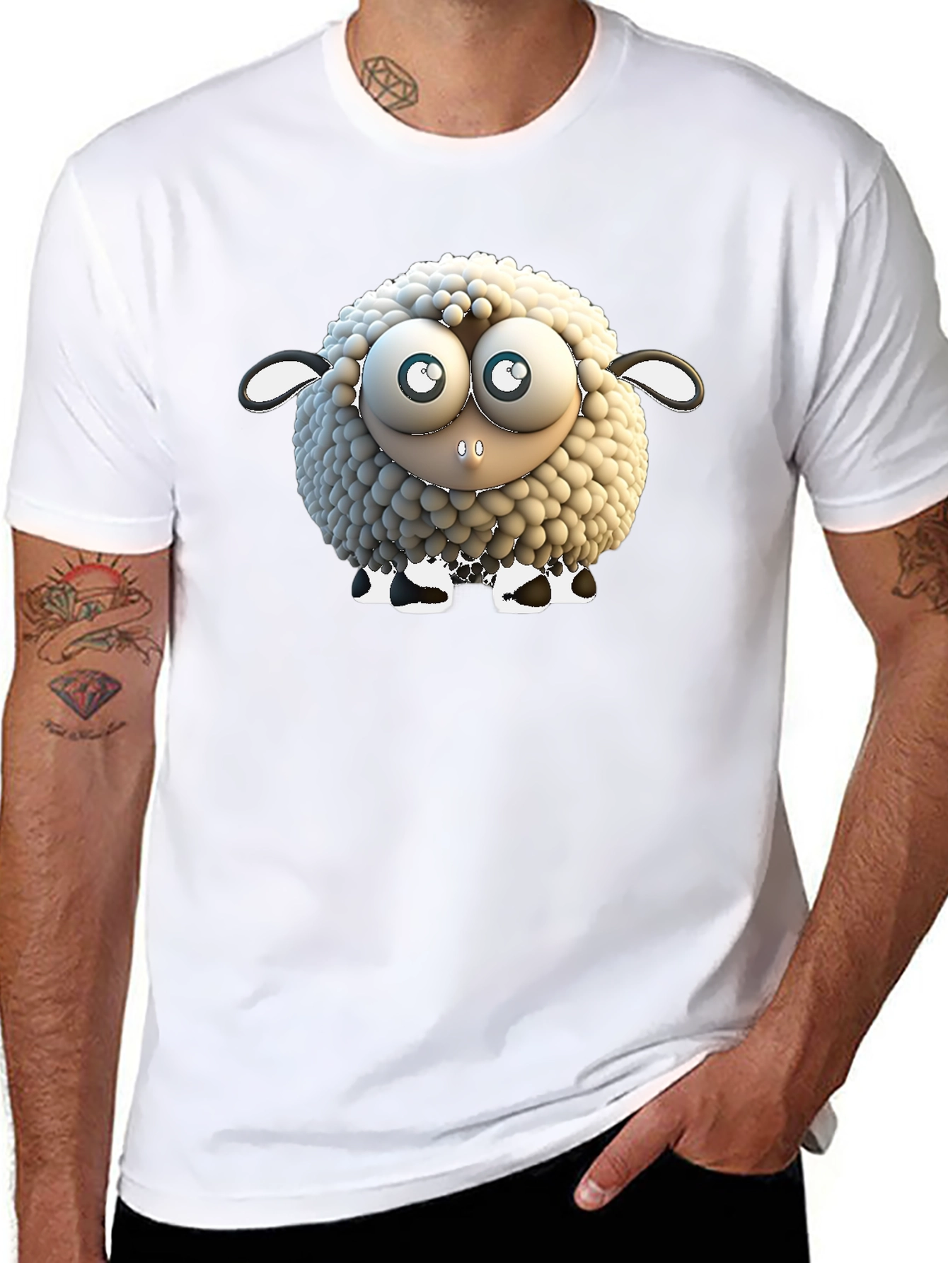 Cartoon Sheep Graphic Tee - Black Cotton T-Shirt