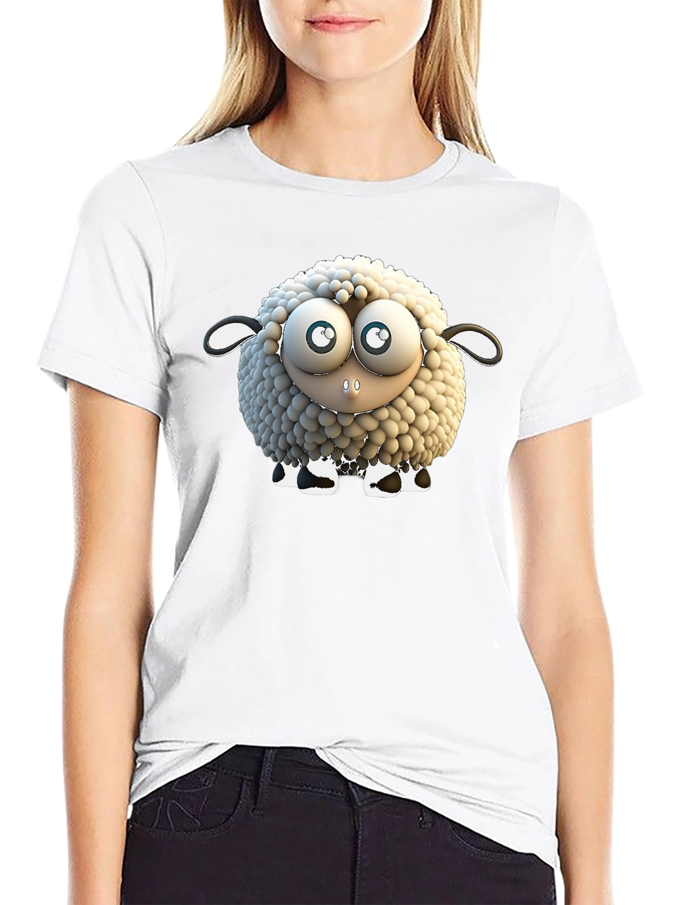 Cartoon Sheep Graphic Tee - Black Cotton T-Shirt