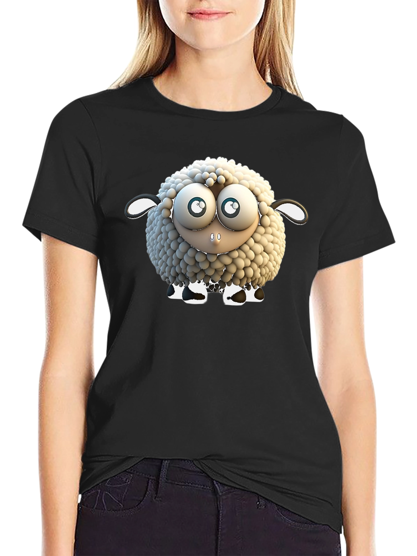 Cartoon Sheep Graphic Tee - Black Cotton T-Shirt
