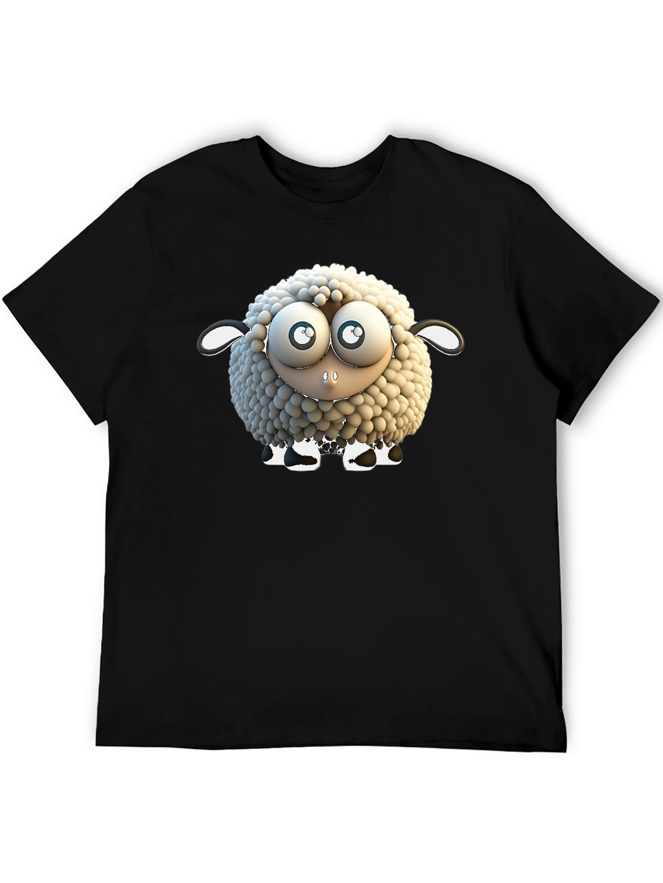 Cartoon Sheep Graphic Tee - Black Cotton T-Shirt