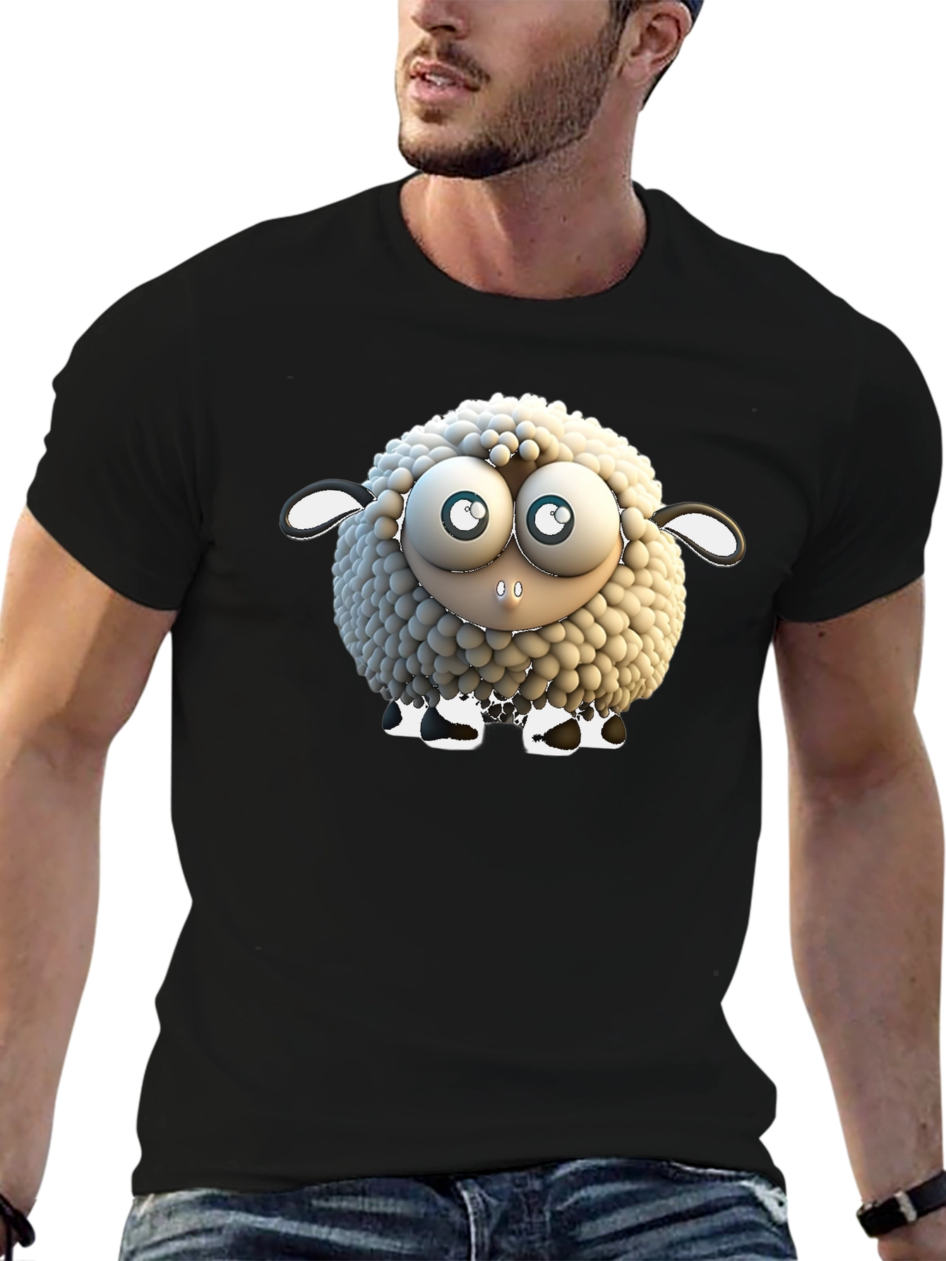 Cartoon Sheep Graphic Tee - Black Cotton T-Shirt