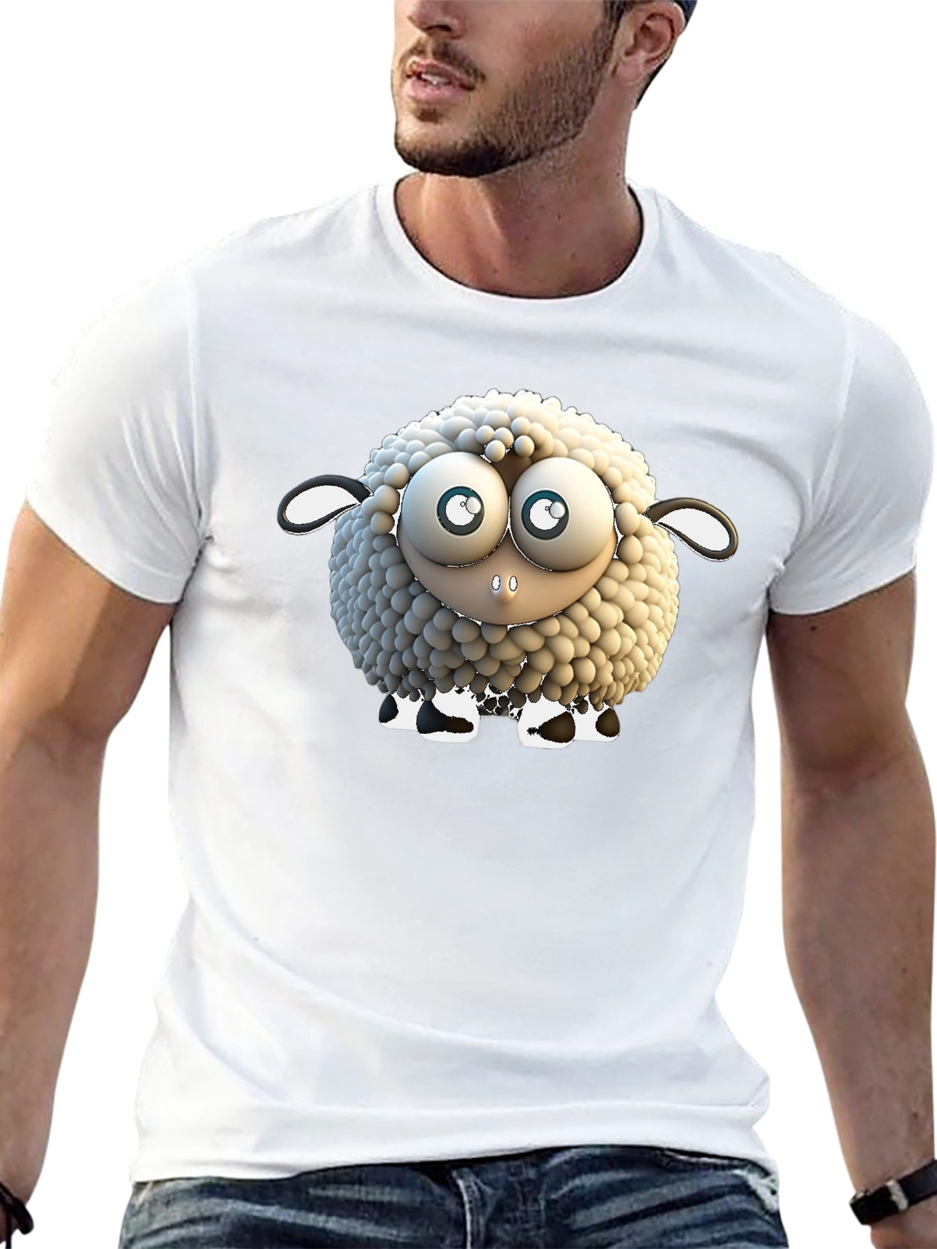 Cartoon Sheep Graphic Tee - Black Cotton T-Shirt