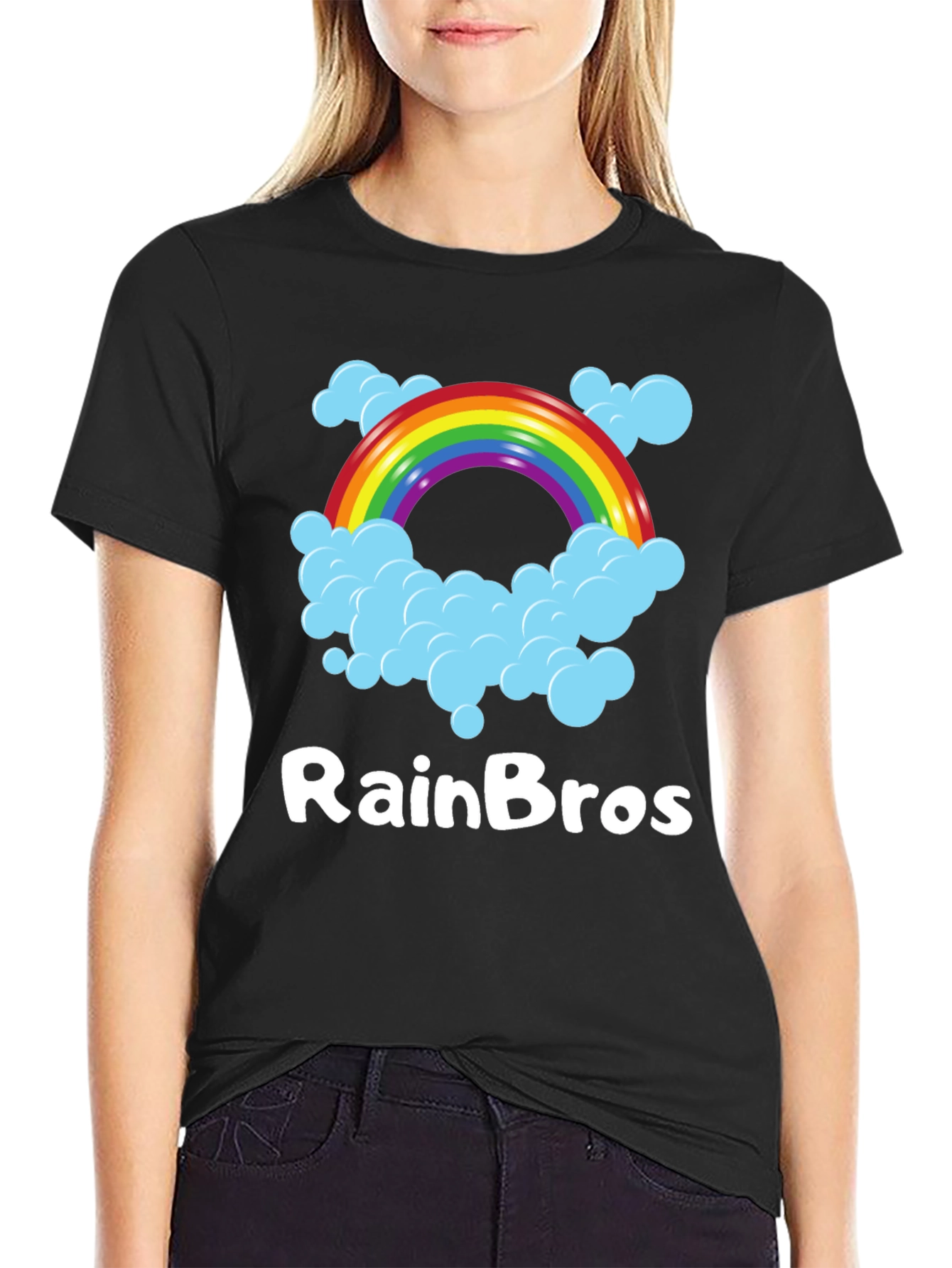 RainBro Graphic Tee - Rainbow & Clouds Black T-Shirt