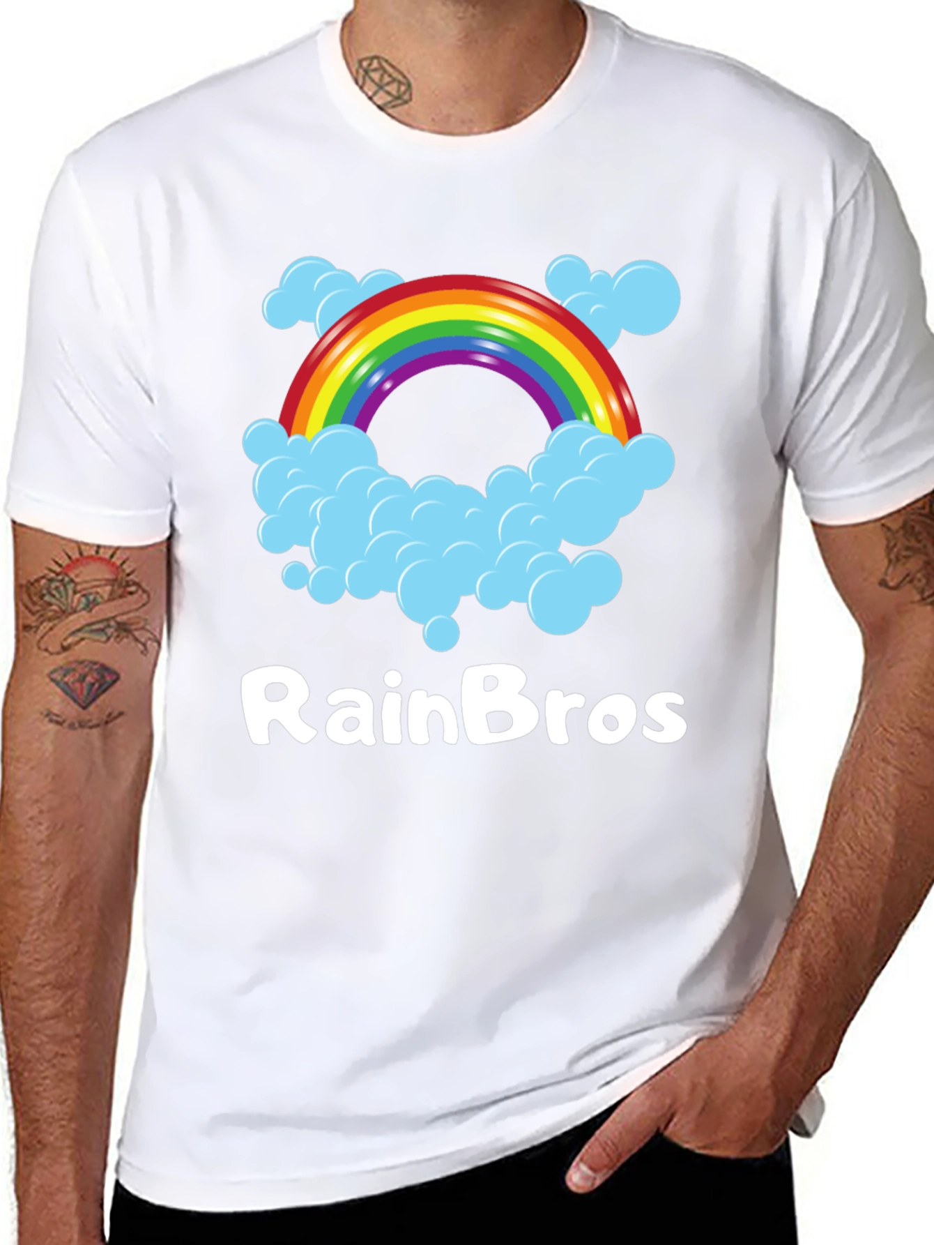 RainBro Graphic Tee - Rainbow & Clouds Black T-Shirt