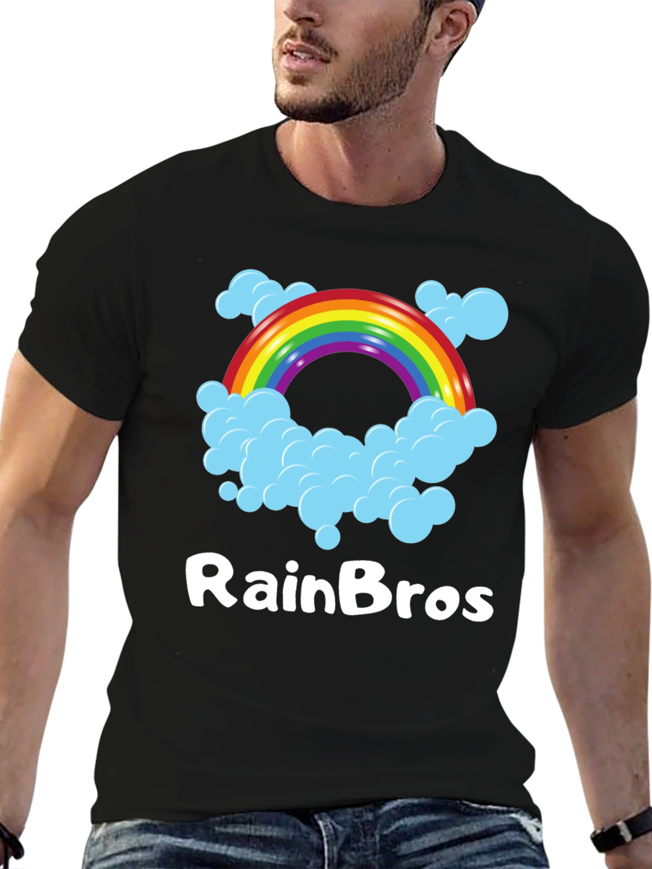 RainBro Graphic Tee - Rainbow & Clouds Black T-Shirt
