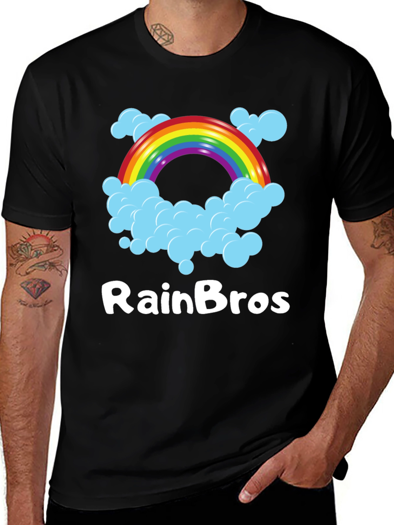RainBro Graphic Tee - Rainbow & Clouds Black T-Shirt