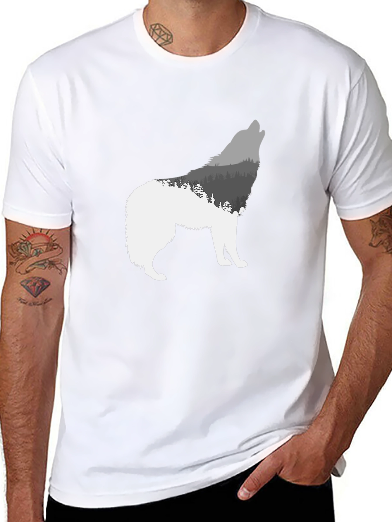 Wolf Silhouette Forest Graphic Tee - Black