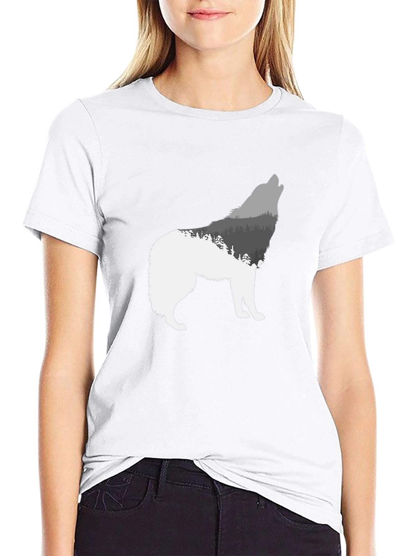 Wolf Silhouette Forest Graphic Tee - Black